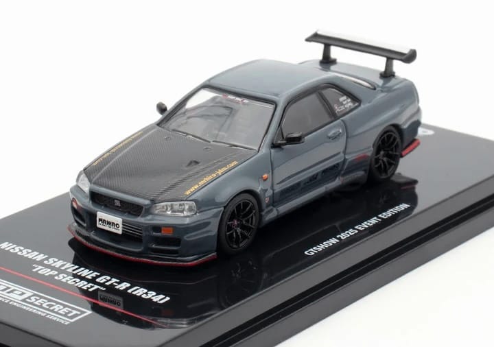 Nissan Skyline GT-R (R34) "Top Secret" RHD (Right Hand Drive) Stealth Gray with Carbon Hood "GTSHOW 2025 Event Edition" 1/64 Diecast Model Car by Inno Models - Image 4