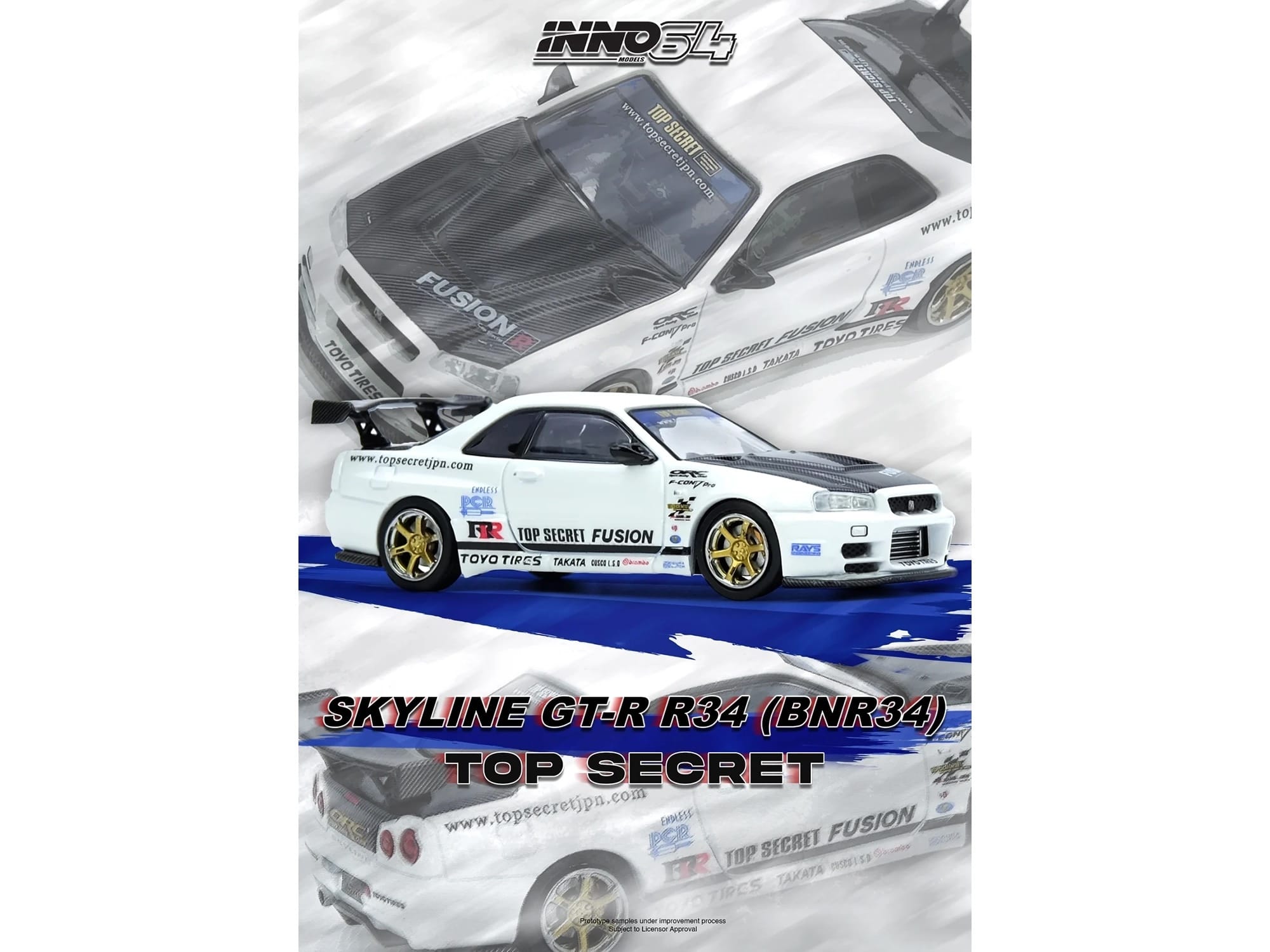 Nissan Skyline GT-R (R34) "Top Secret" RHD (Right Hand Drive) White with Carbon Hood 1/64 Diecast Model Car by Inno Models - Image 3