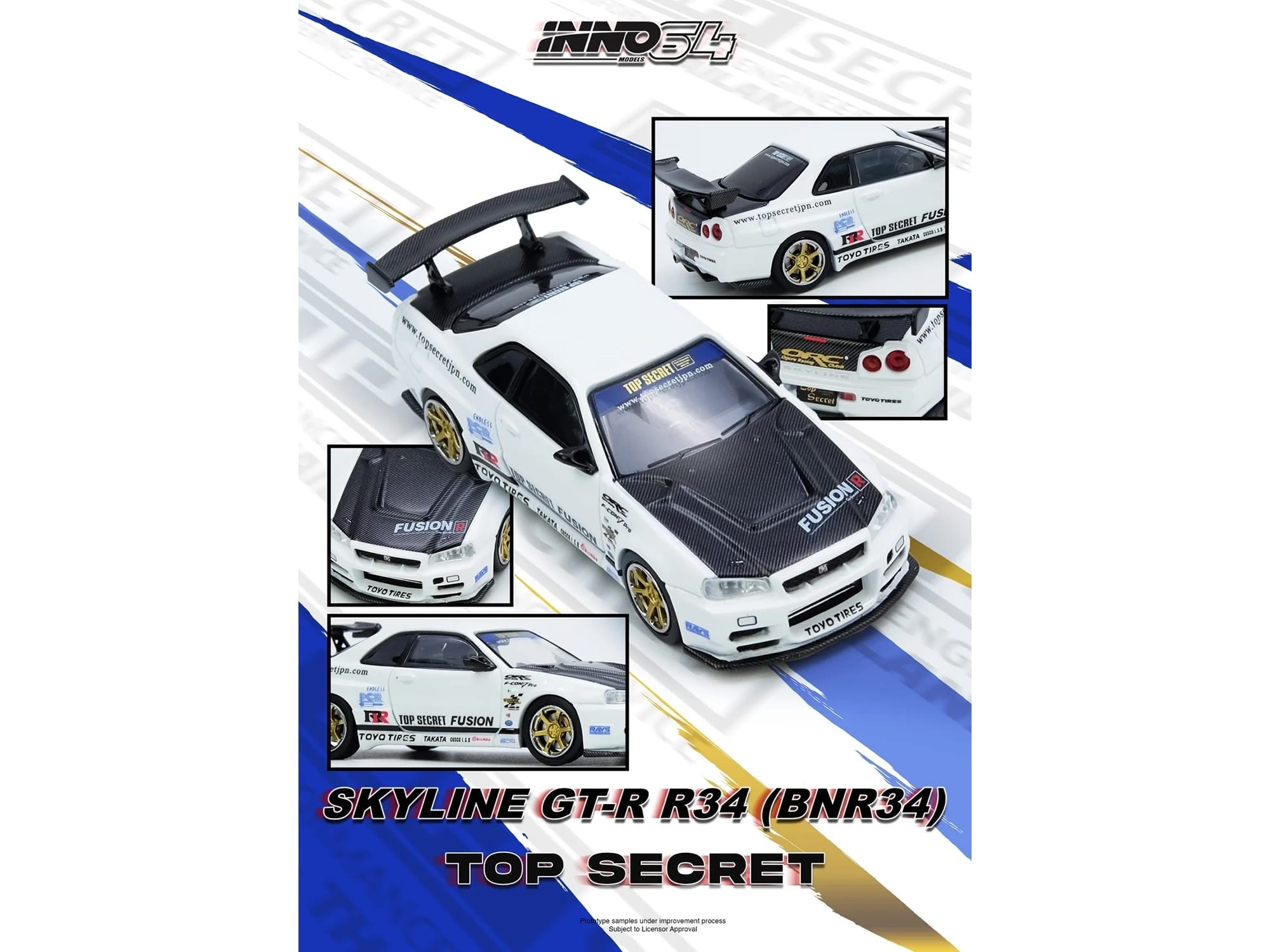 Nissan Skyline GT-R (R34) "Top Secret" RHD (Right Hand Drive) White with Carbon Hood 1/64 Diecast Model Car by Inno Models - Image 4
