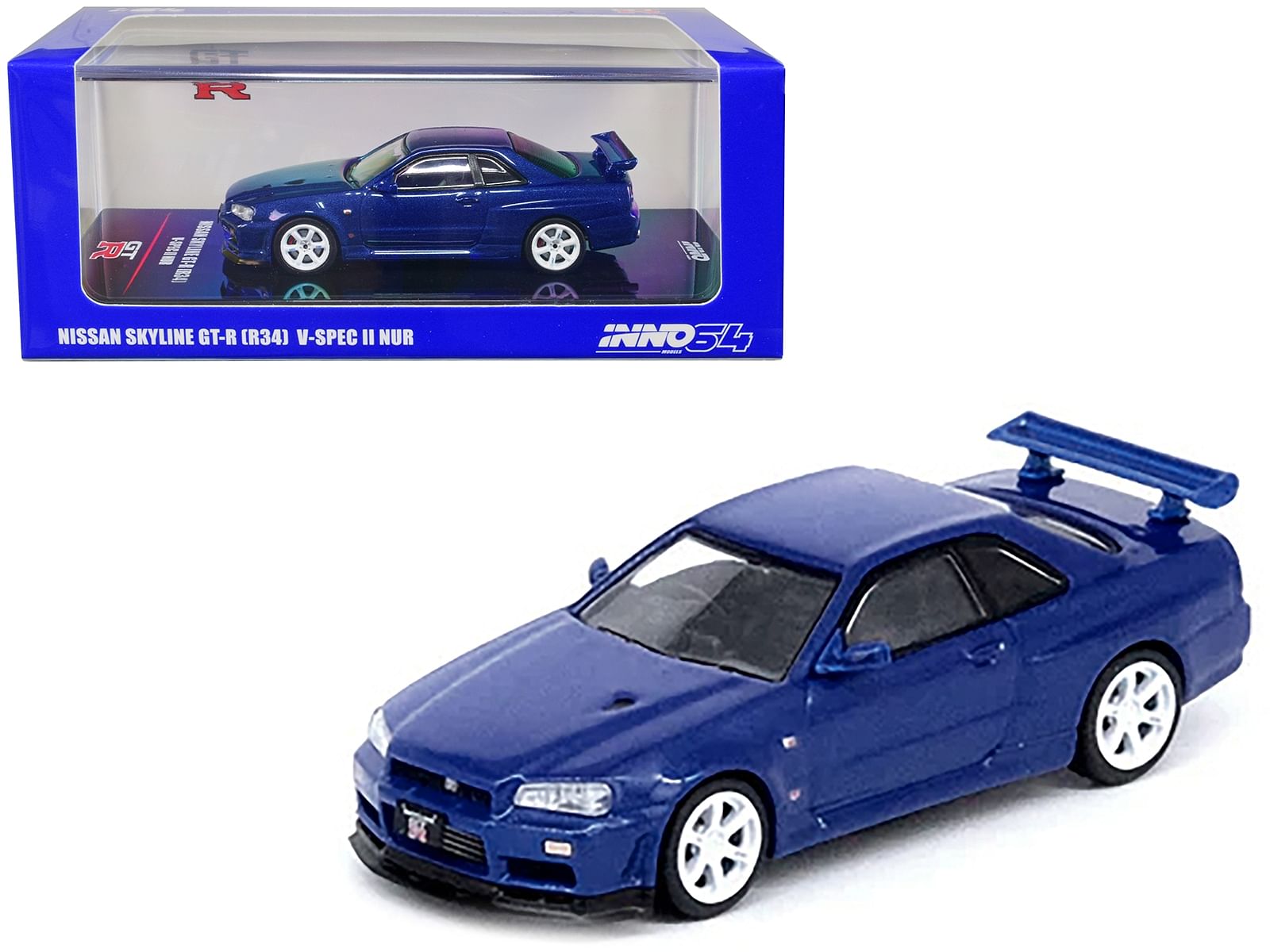 Nissan Skyline GT-R (R34) V-Spec II NUR RHD (Right Hand Drive) Bayside Blue Metallic 1/64 Diecast Model Car by Inno Models