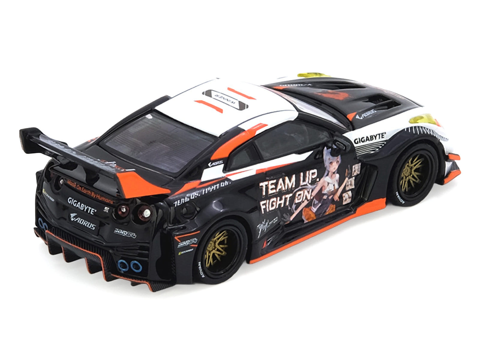 Nissan GT-R (R35) Widebody RHD (Right Hand Drive) Black and White with Graphics "AORUS X INNO64 Limited Edition" 1/64 Diecast Model Car by Inno Models - Image 2