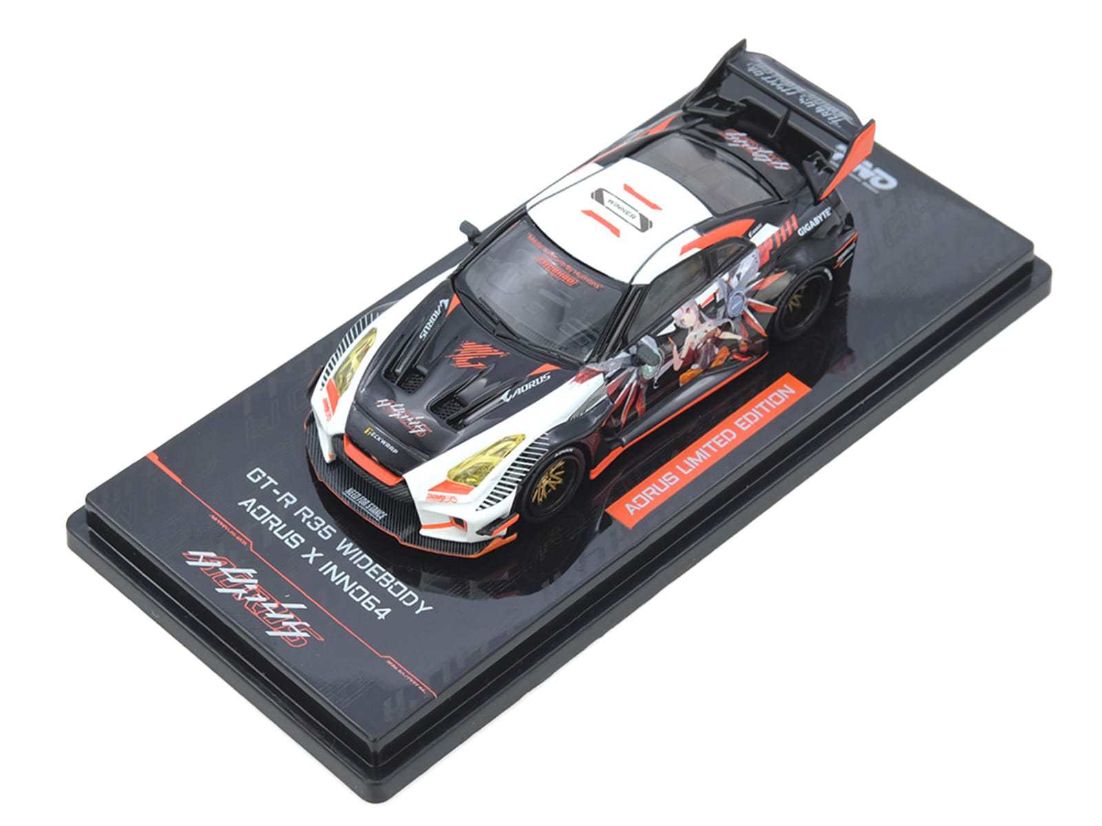 Nissan GT-R (R35) Widebody RHD (Right Hand Drive) Black and White with Graphics "AORUS X INNO64 Limited Edition" 1/64 Diecast Model Car by Inno Models - Image 4