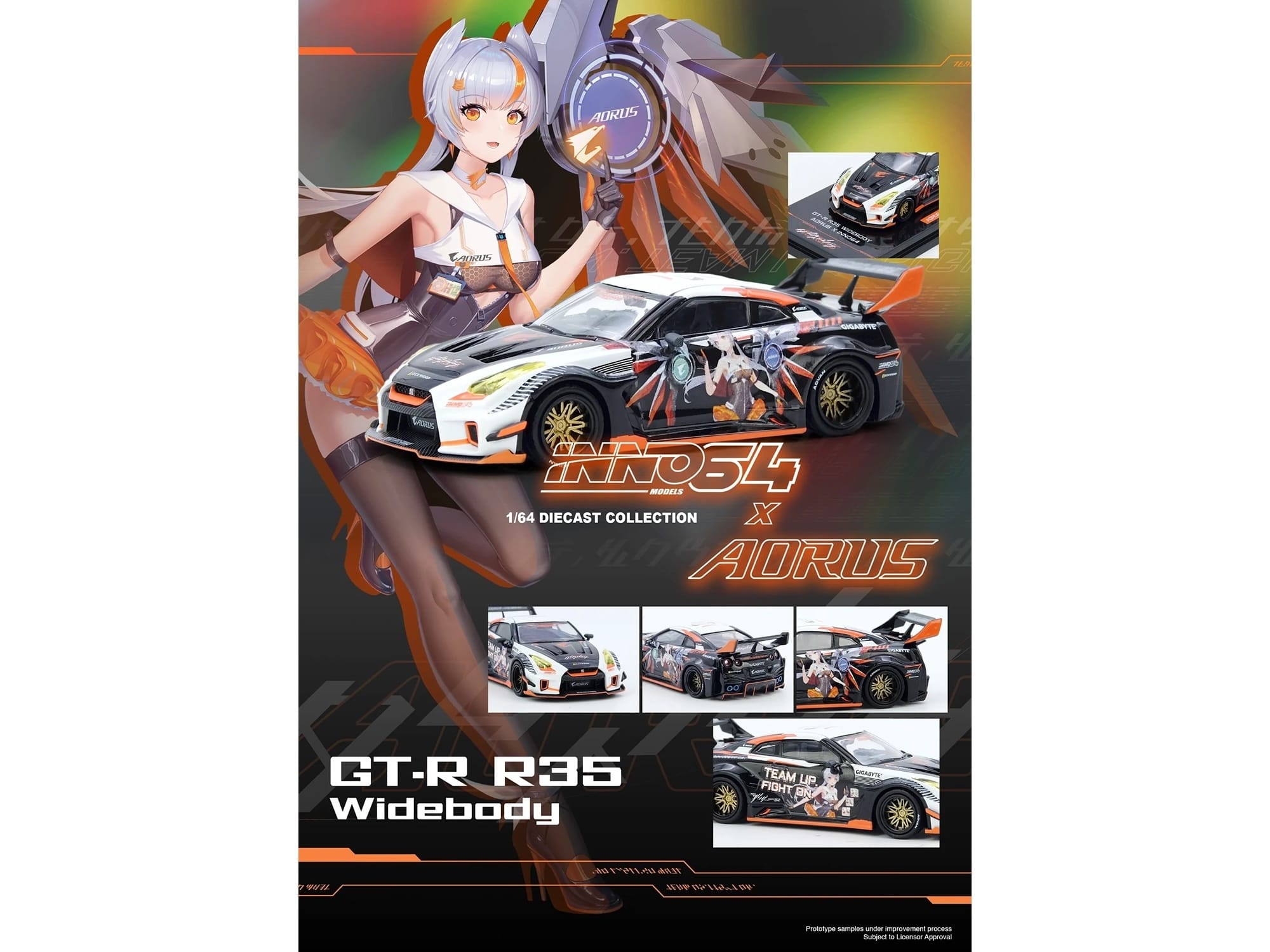 Nissan GT-R (R35) Widebody RHD (Right Hand Drive) Black and White with Graphics "AORUS X INNO64 Limited Edition" 1/64 Diecast Model Car by Inno Models - Image 5