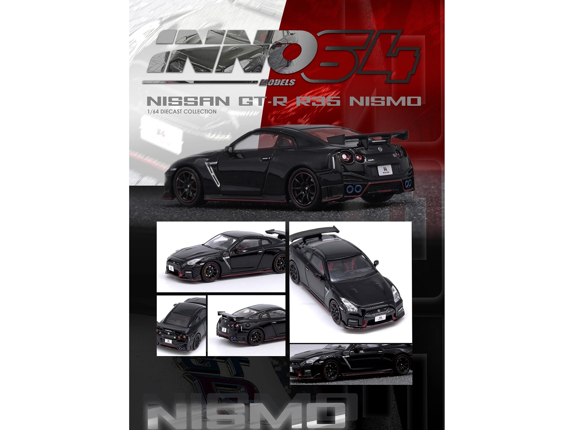 Nissan GT-R (R35) Nismo RHD (Right Hand Drive) Nismo Black with Carbon Hood and Top 1/64 Diecast Model Car by Inno Models - Image 3