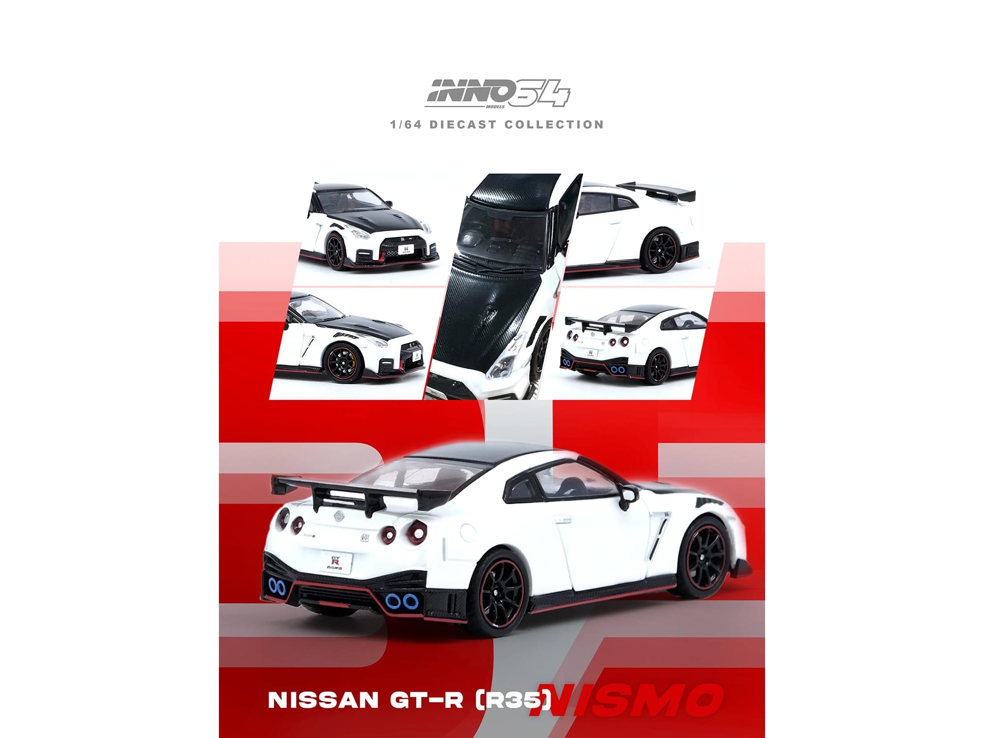 Nissan GT-R (R35) Nismo RHD (Right Hand Drive) White with Carbon Hood and Top 1/64 Diecast Model Car by Inno Models - Image 2