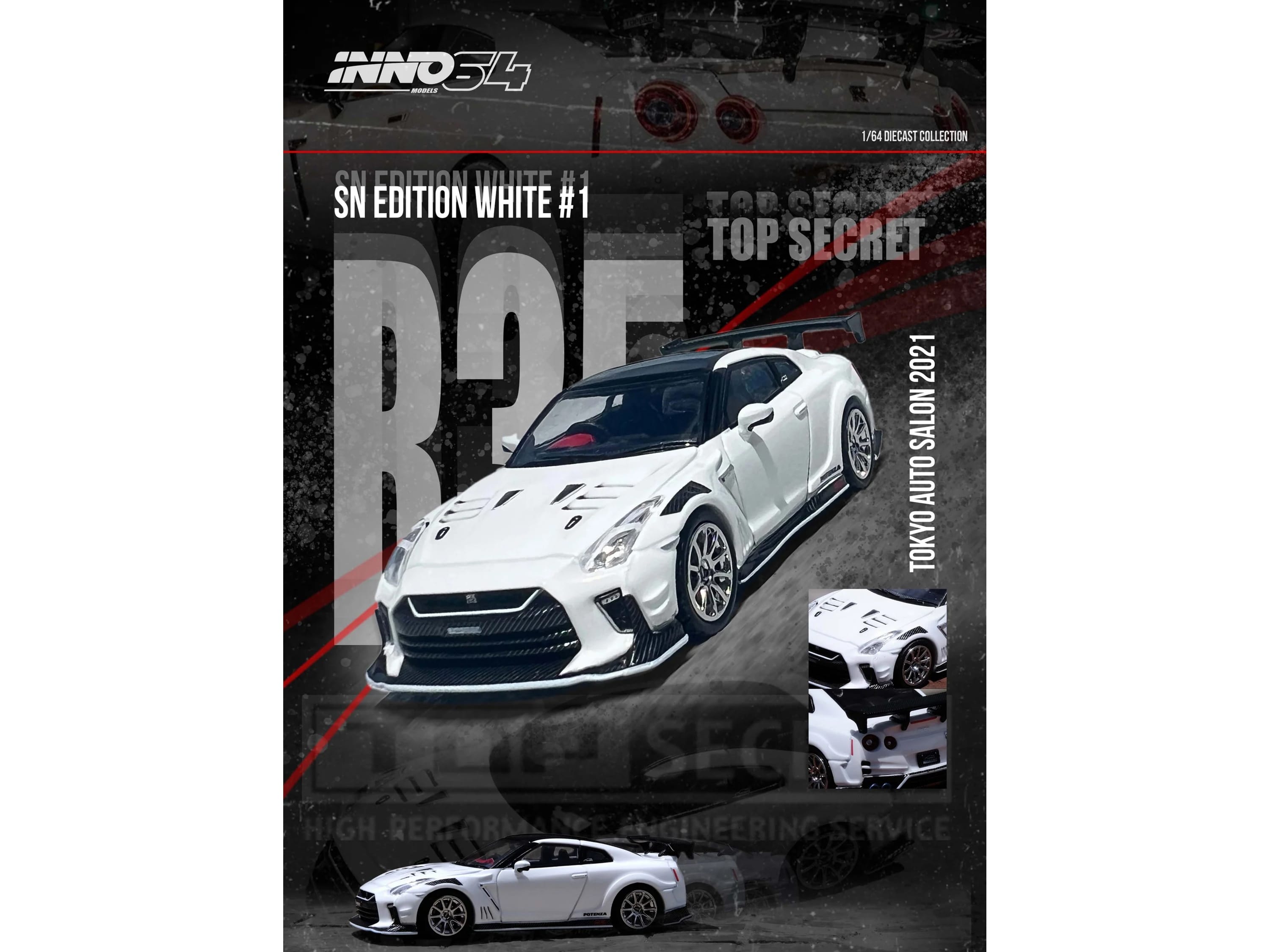 Nissan GT-R (R35) "Top Secret" RHD (Right Hand Drive) White with Black Top "Tokyo Auto Salon 2021" 1/64 Diecast Model Car by Inno Models - Image 2