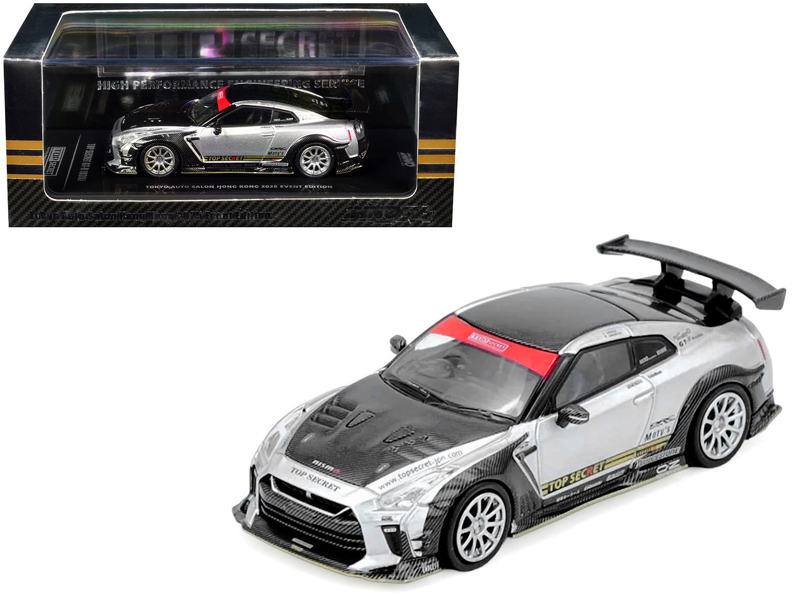 Nissan GT-R (R35) Top Secret RHD (Right Hand Drive) Silver Metallic with Carbon Hood and Top "Tokyo Auto Salon Hong Kong 2025 Event Edition" 1/64 Diecast Model Car by Inno Models