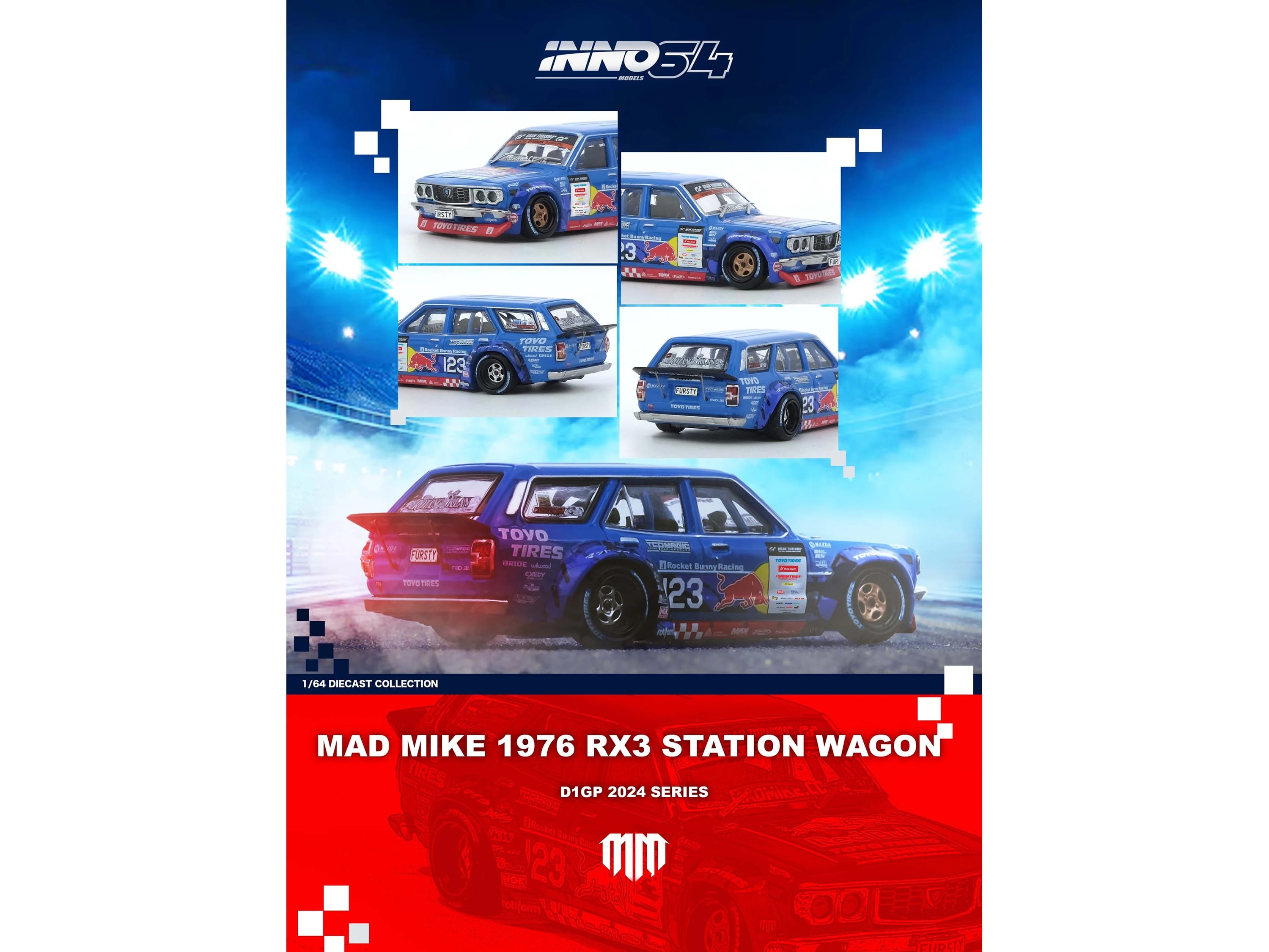 1976 Mazda RX3 Station Wagon RHD (Right Hand Drive) #12 "Mad" Mike Whiddett "D1 Grand Prix" (2024) 1/64 Diecast Model Car by Inno Models - Image 3