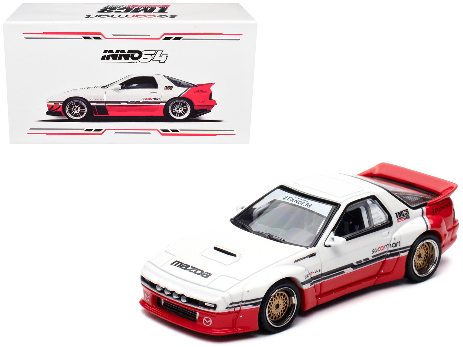 Mazda RX-7 (FC3S) "Pandem Rocket Bunny" White and Red with Black Stripes "The Model Car Show Singapore 2025 Event Edition" 1/64 Diecast Model Car by Inno Models