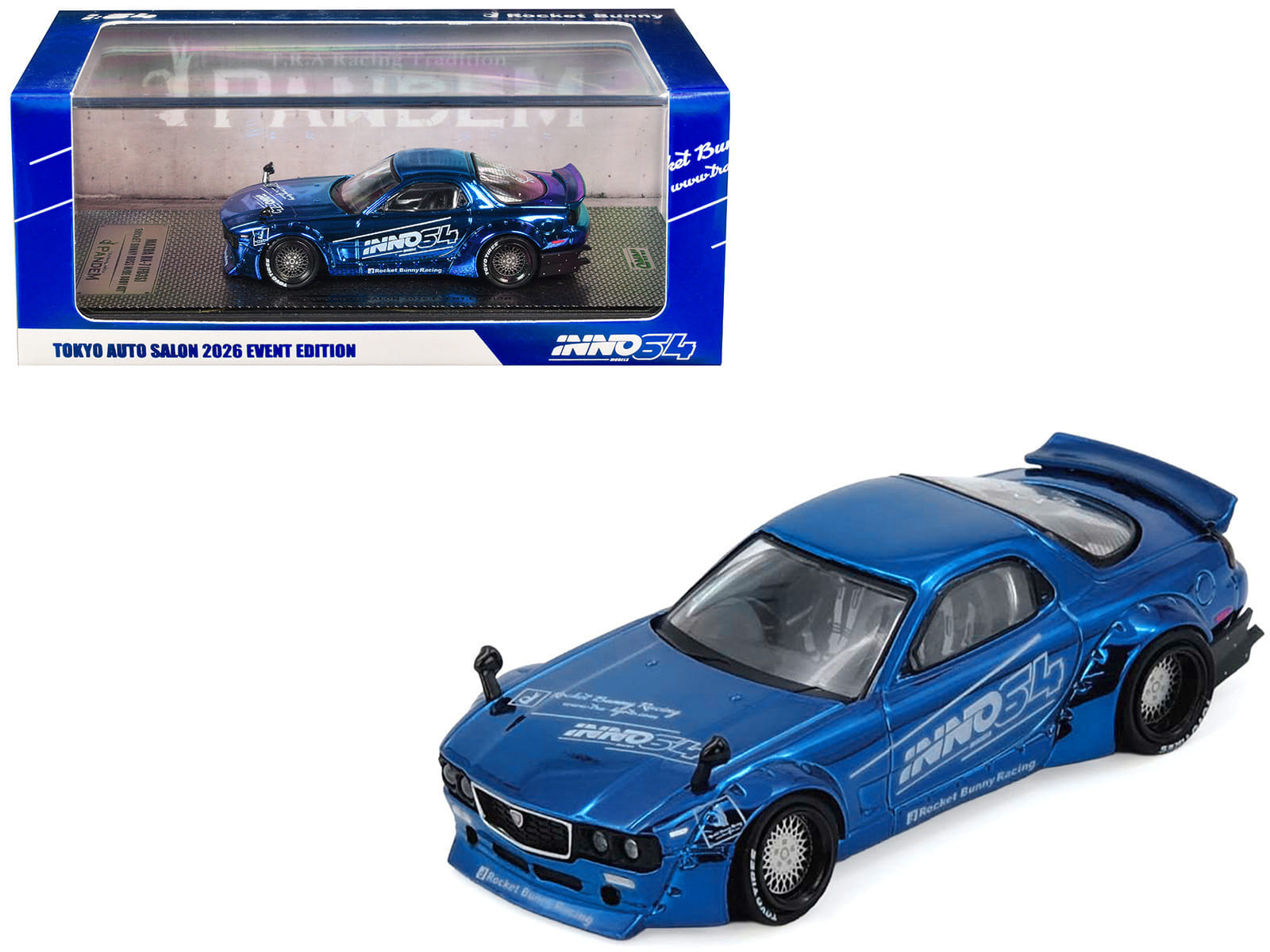 Mazda RX-7 (FD3S) RHD (Right Hand Drive) "Pandem Rocket Bunny" Blue Chrome "Tokyo Auto Salon 2026 Event Edition" 1/64 Diecast Model Car by Inno Models