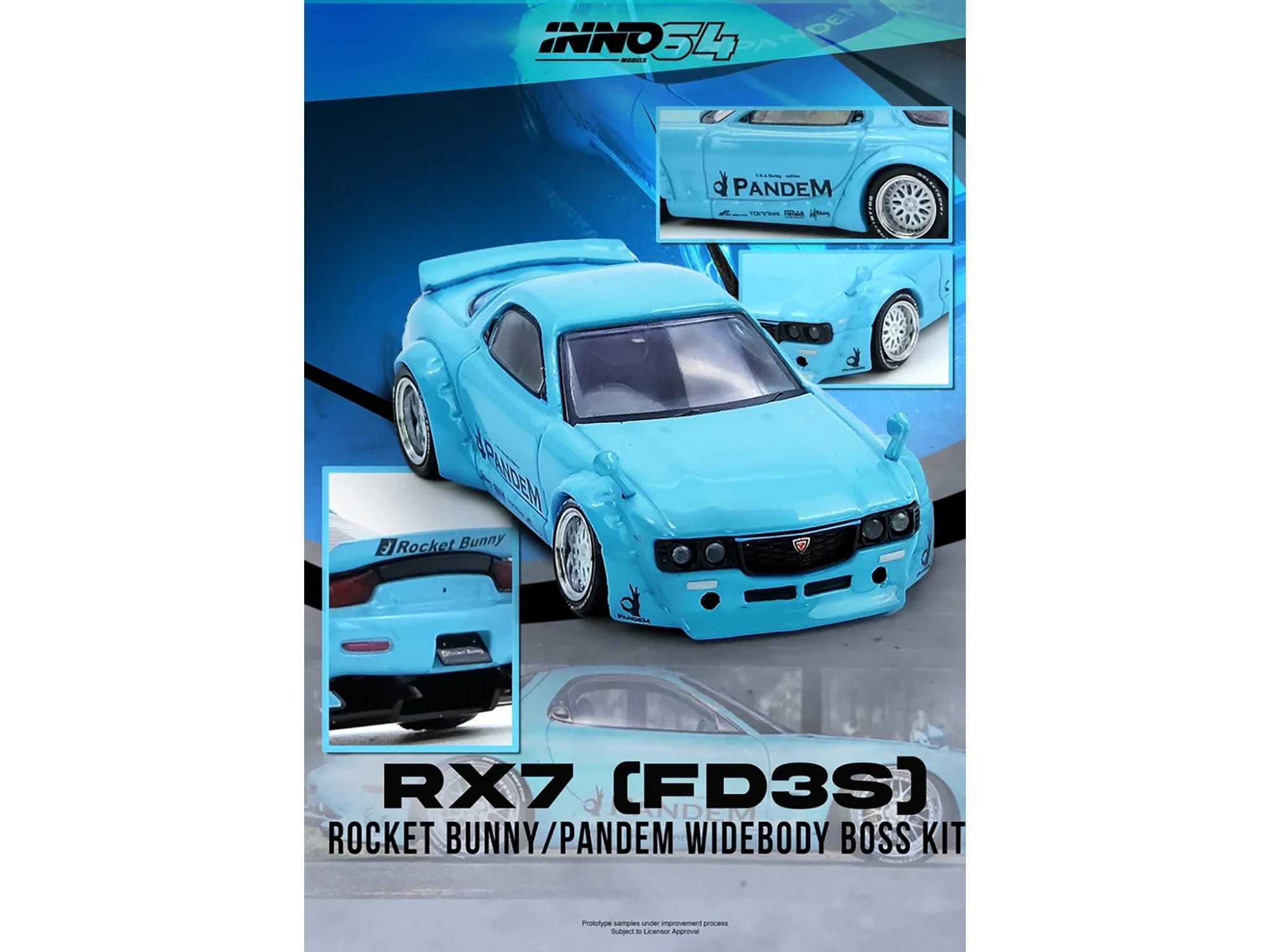 Mazda RX-7 (FD3S) RHD (Right Hand Drive) "Pandem Rocket Bunny" Light Blue 1/64 Diecast Model Car by Inno Models - Image 3