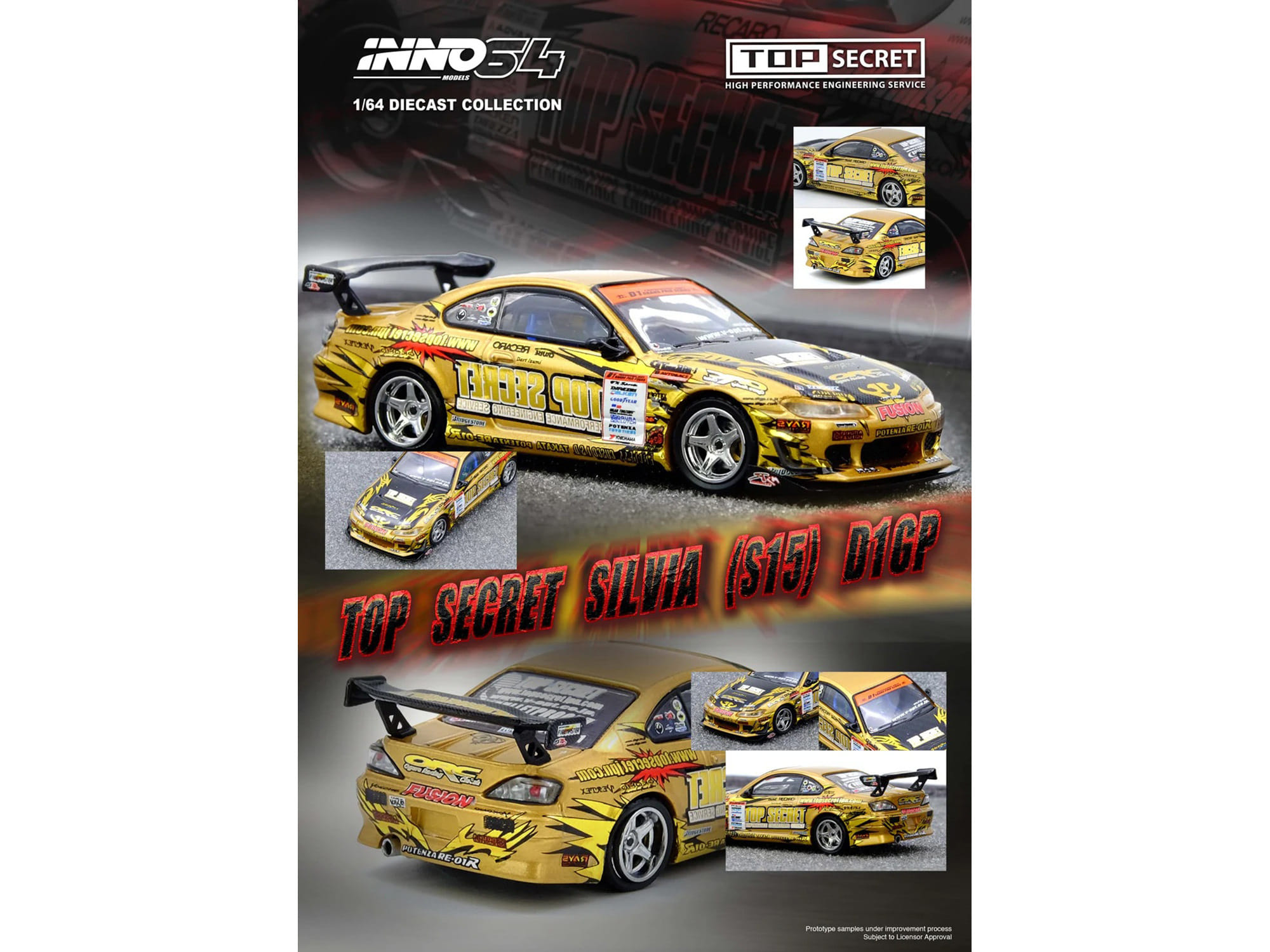 Nissan "Top Secret" Silvia (S15) RHD (Right Hand Drive) Ryuji Miki - Champion "D1 Grand Prix" (2004) 1/64 Diecast Model Car by Inno Models - Image 4