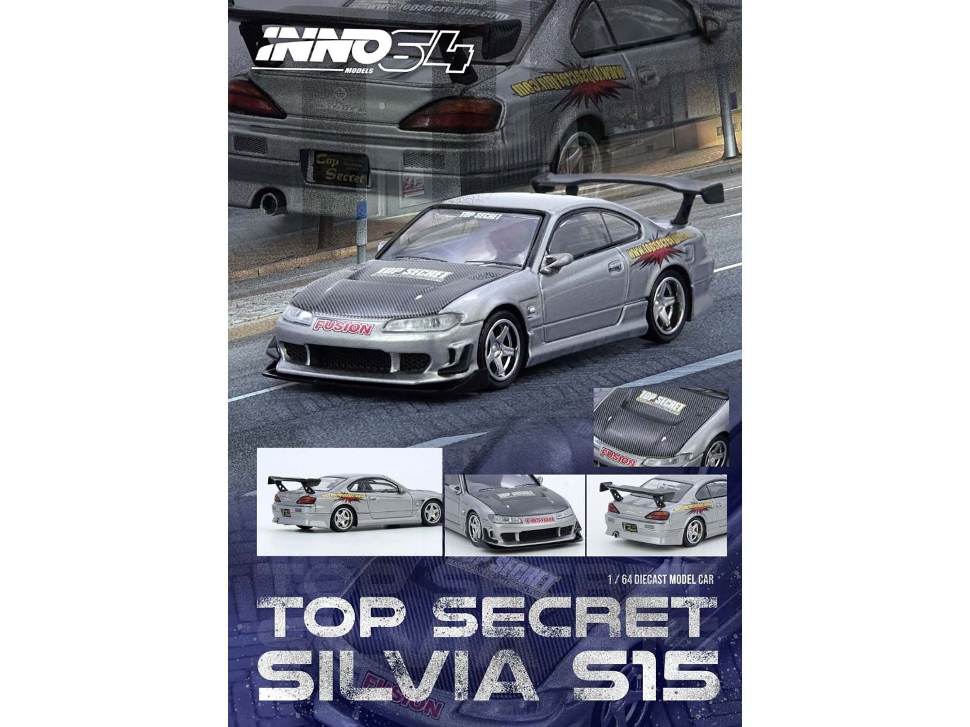 Nissan "Top Secret" Silvia (S15) RHD (Right Hand Drive) Silver Metallic with Carbon Hood 1/64 Diecast Model Car by Inno Models - Image 4