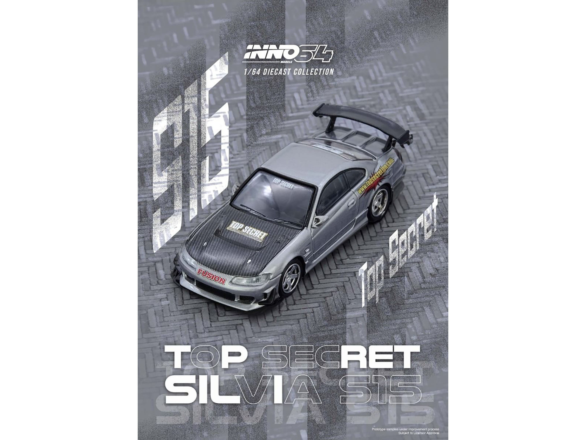 Nissan "Top Secret" Silvia (S15) RHD (Right Hand Drive) Silver Metallic with Carbon Hood 1/64 Diecast Model Car by Inno Models - Image 5