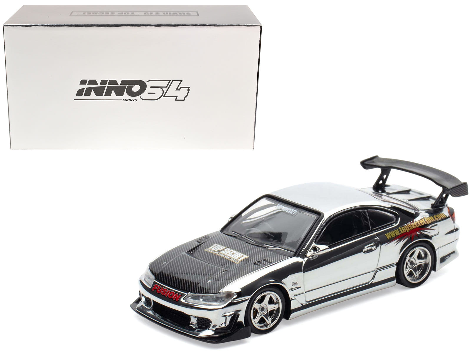 Nissan "Top Secret" Silvia (S15) RHD (Right Hand Drive) Chrome with Carbon Hood "Tokyo Auto Salon Kuala Lumpur 2025 Event Edition" 1/64 Diecast Model Car by Inno Models