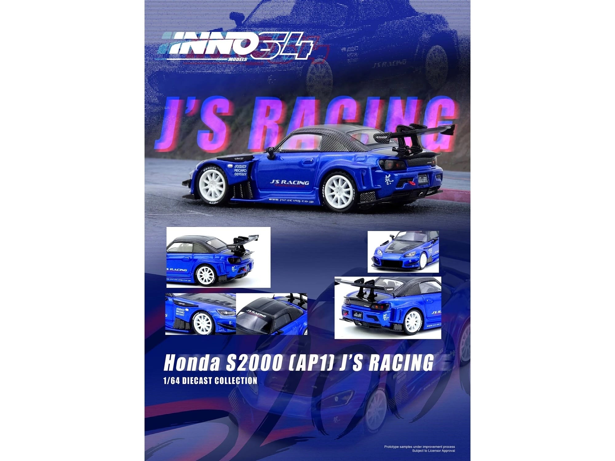Honda S2000 RHD (Right Hand Drive) "J's Racing" Blue Metallic with Carbon Hood and Top 1/64 Diecast Model Car by Inno Models - Image 4