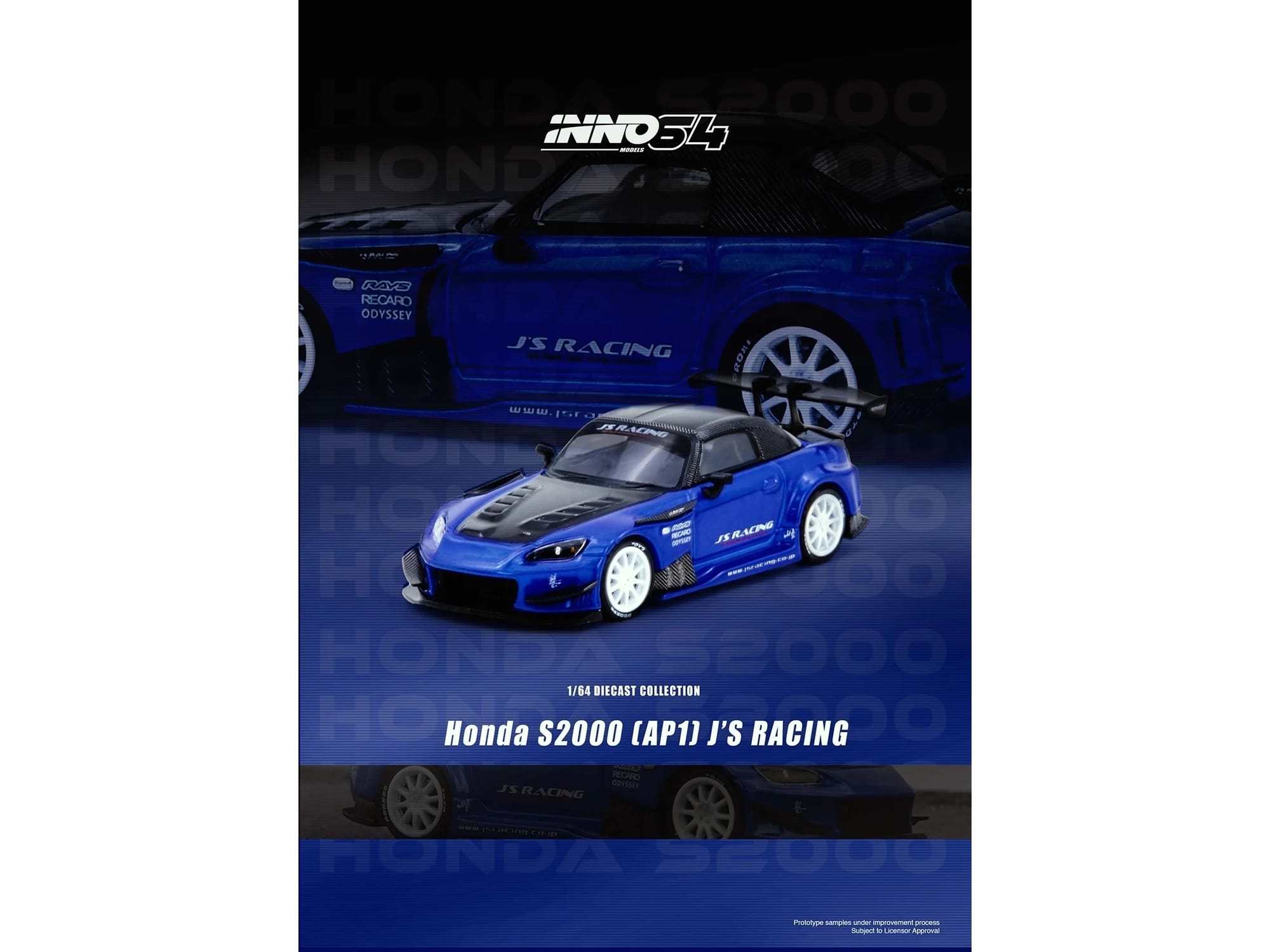 Honda S2000 RHD (Right Hand Drive) "J's Racing" Blue Metallic with Carbon Hood and Top 1/64 Diecast Model Car by Inno Models - Image 5