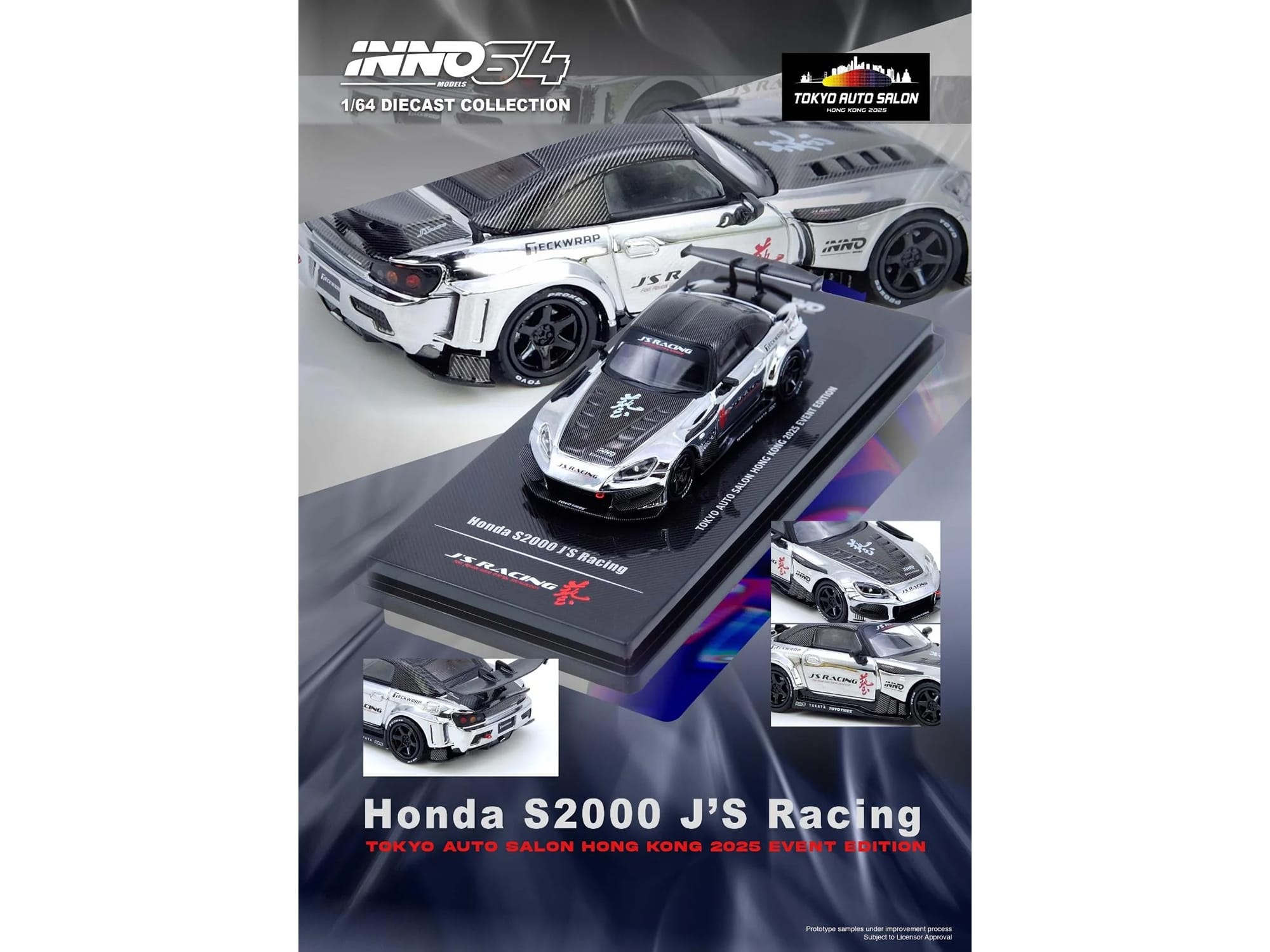 Honda S2000 RHD (Right Hand Drive) "J's Racing" Chrome Silver with Carbon Hood and Top with Graphics "Tokyo Auto Salon Hong Kong 2025 Event Edition" 1/64 Diecast Model Car by Inno Models - Image 4