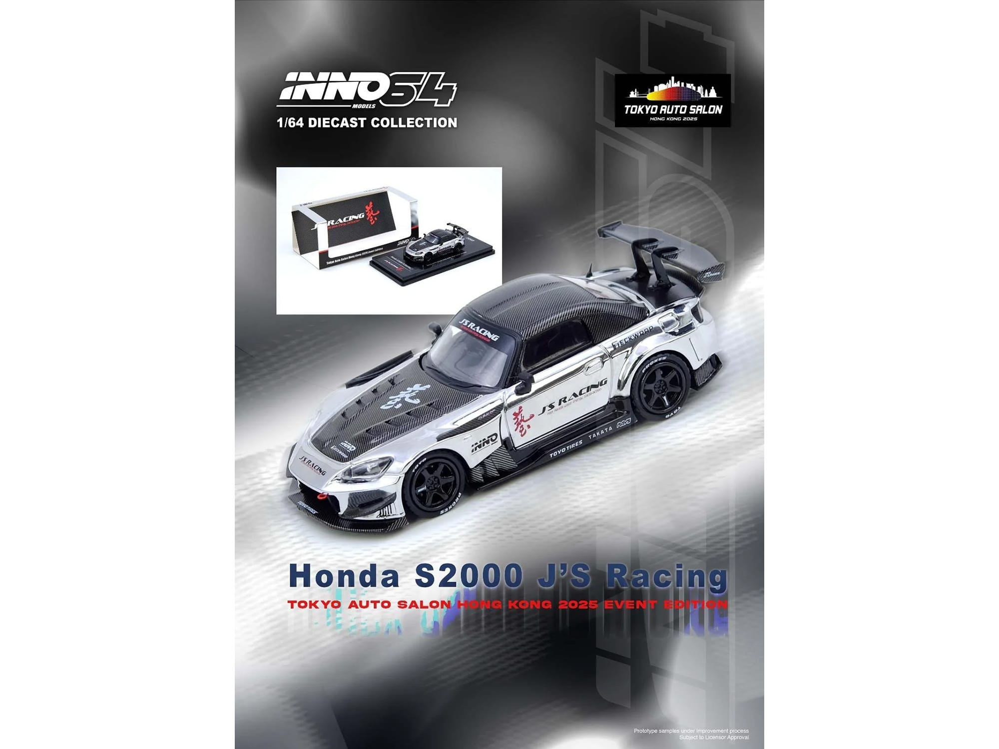Honda S2000 RHD (Right Hand Drive) "J's Racing" Chrome Silver with Carbon Hood and Top with Graphics "Tokyo Auto Salon Hong Kong 2025 Event Edition" 1/64 Diecast Model Car by Inno Models - Image 5