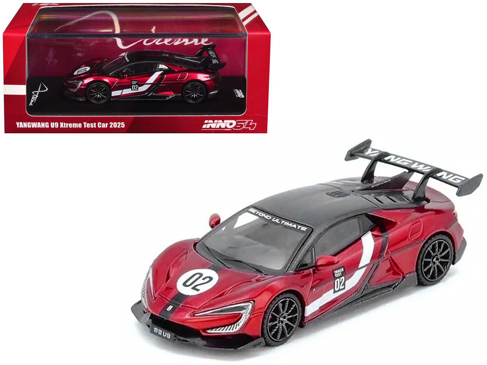 2025 Yangwang U9 Xtreme Test Car #02 Red Metallic with White Stripes and Carbon Top "World Fastest EV Supercar" 1/64 Diecast Model Car by Inno Models