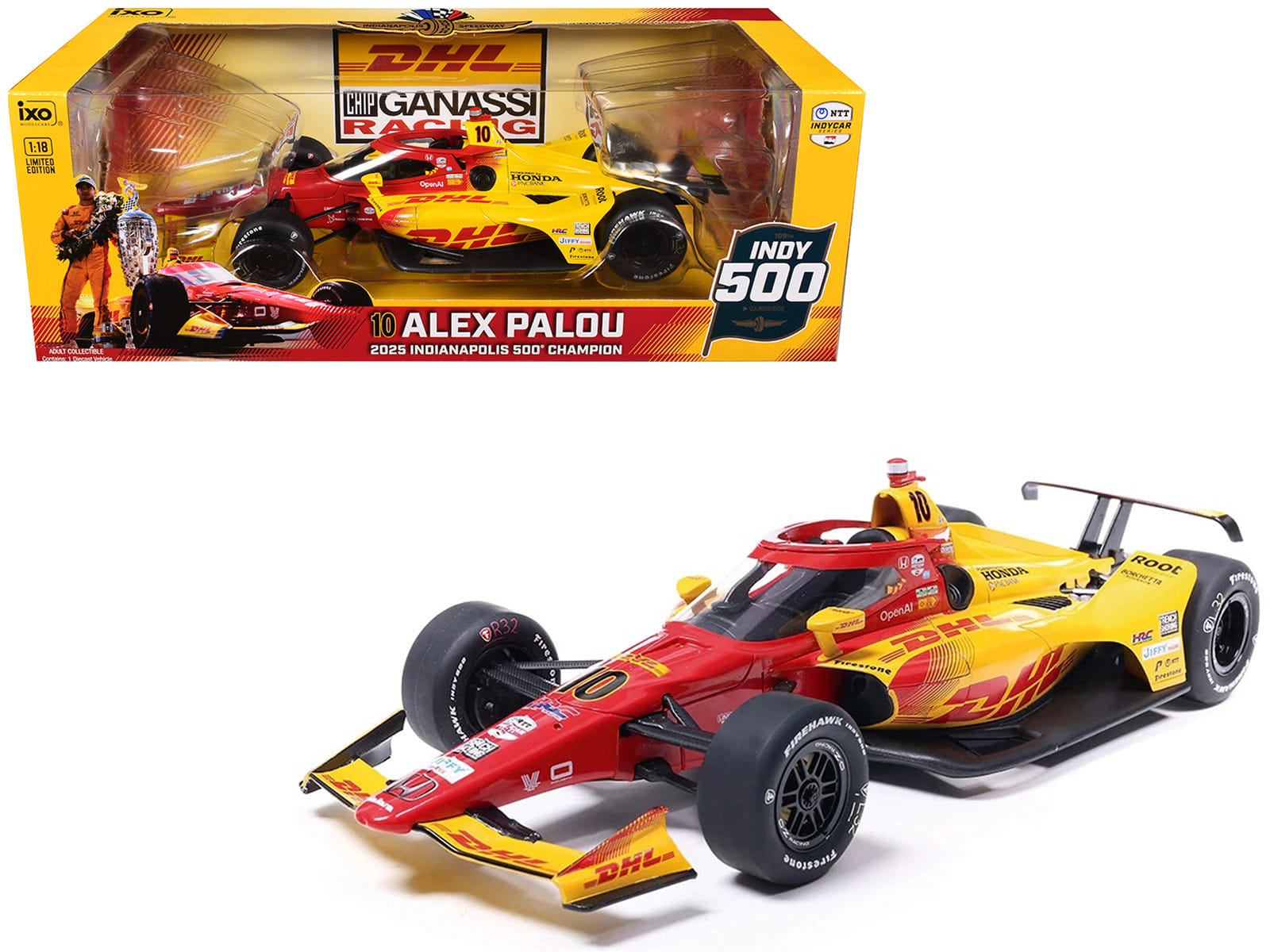 Dallara IndyCar #10 Alex Palou "DHL - Chip Ganassi Racing" Winner "Indianapolis 500" (2025) 1/18 Diecast Model Car by IXO Models
