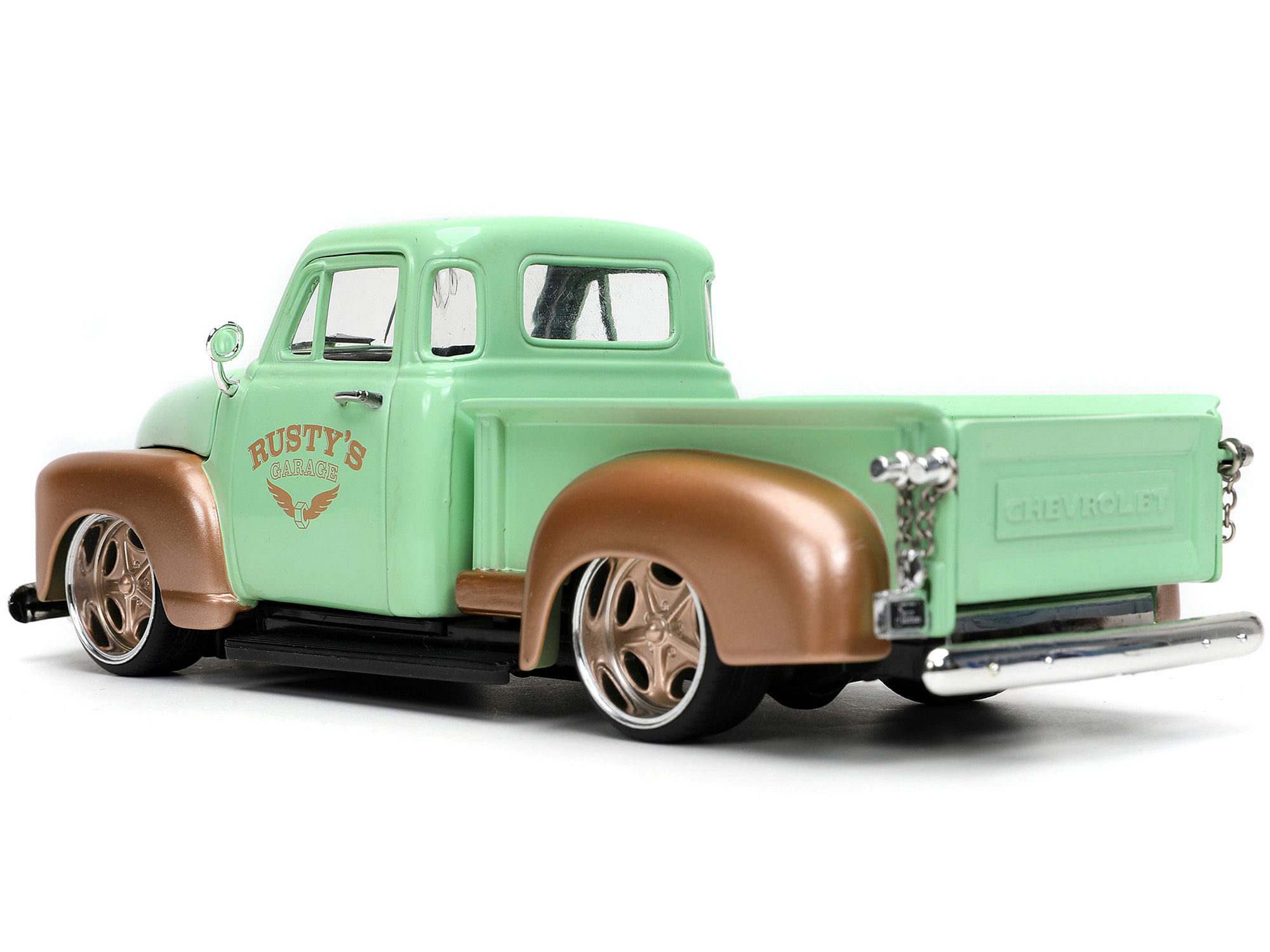 1953 Chevrolet 3100 Pickup Truck Light Green and Gold Metallic “Rusty’s Garage” with Extra Wheels “Just Trucks” Series 1/24 Diecast Model Car by Jada