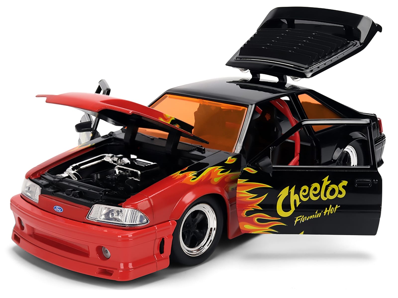 1989 Ford Mustang GT Black with Red Flame Graphics and Chester Cheetah Diecast Figure "Cheetos Flamin' Hot" "Hollywood Rides" Series 1/24 Diecast Model Car by Jada - Image 2