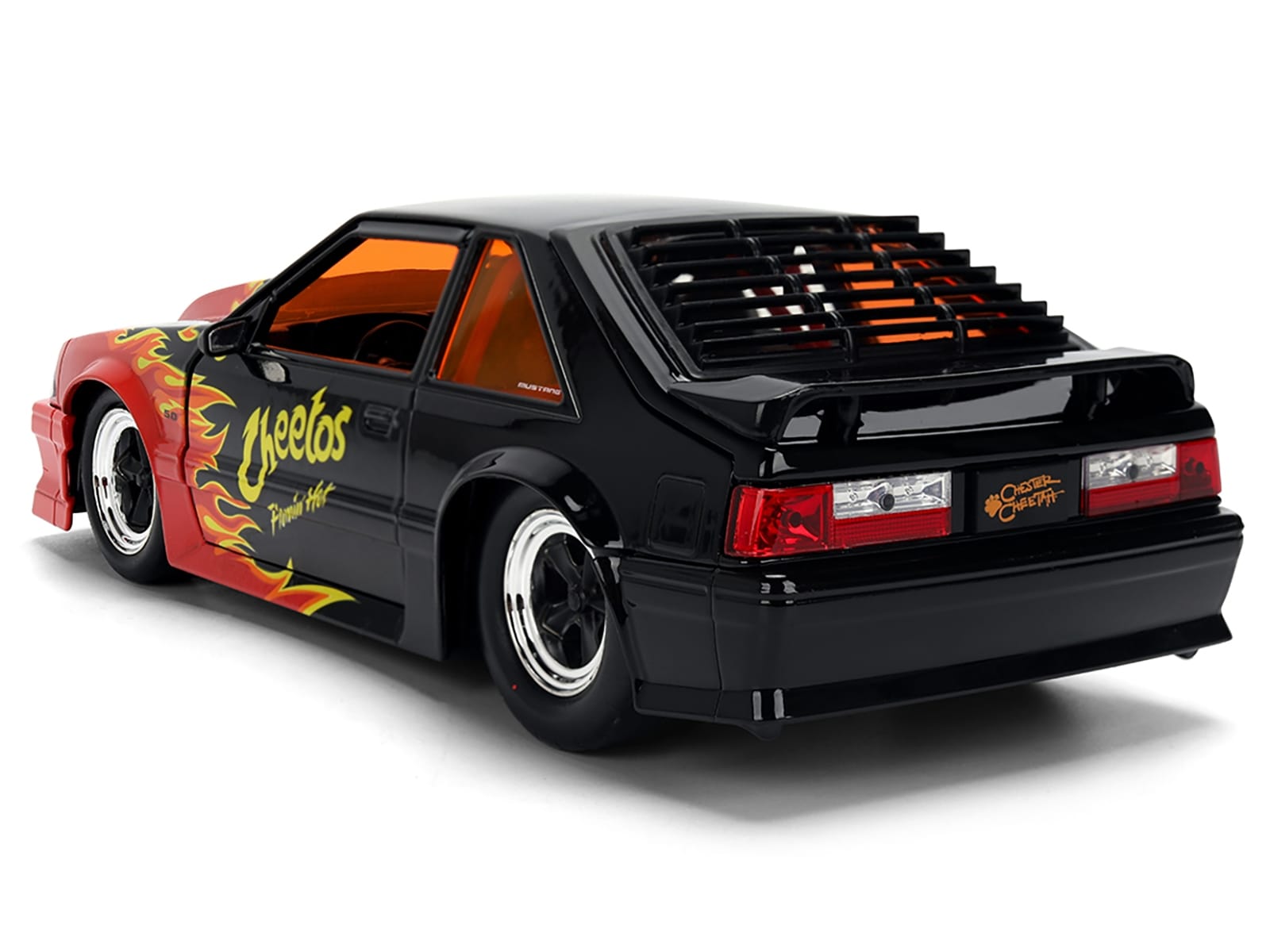 1989 Ford Mustang GT Black with Red Flame Graphics and Chester Cheetah Diecast Figure "Cheetos Flamin' Hot" "Hollywood Rides" Series 1/24 Diecast Model Car by Jada - Image 4
