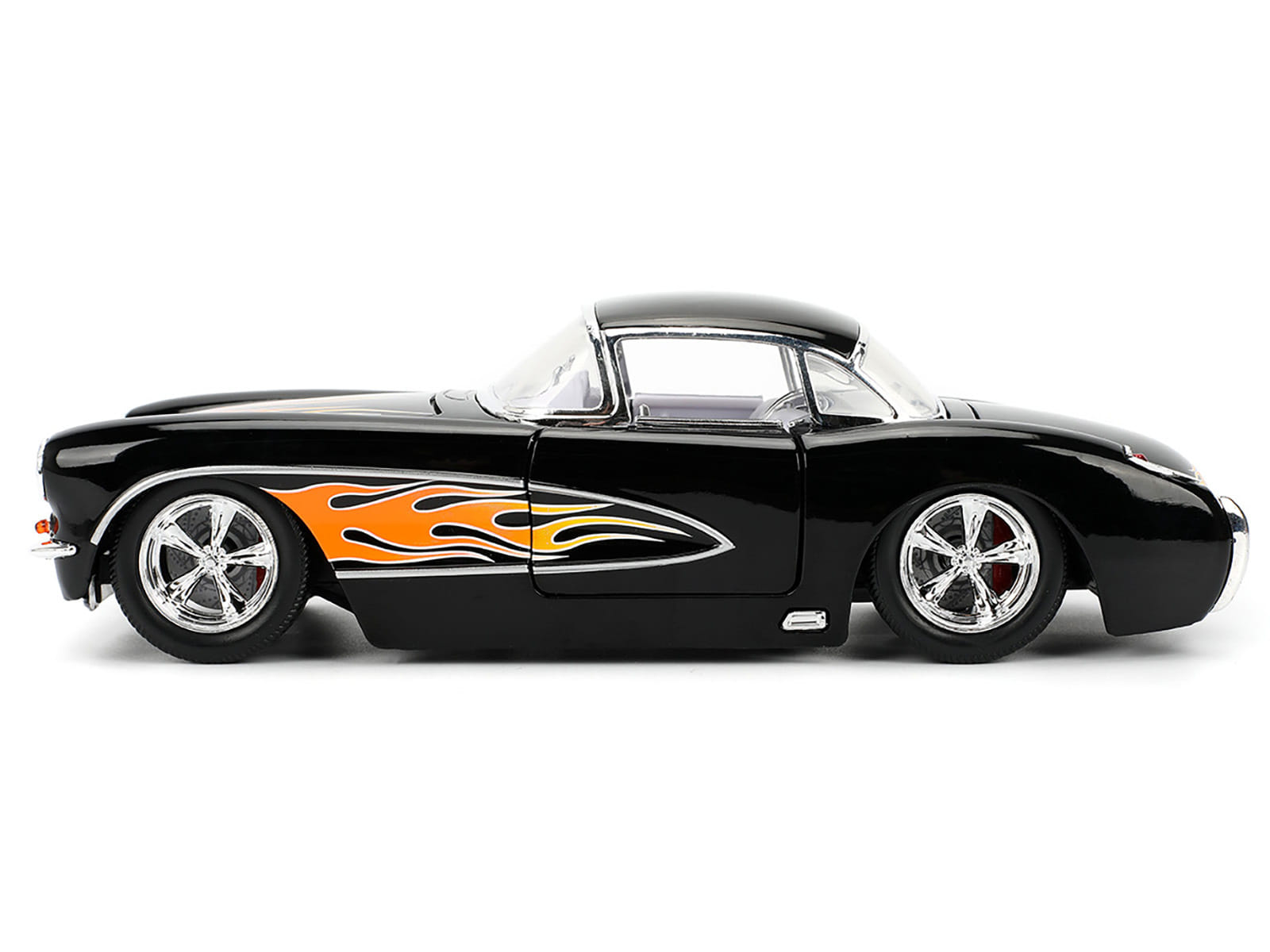 1957 Chevrolet Corvette Black with Flame Graphics and White Interior "Bigtime Muscle" Series 1/24 Diecast Model Car by Jada - Image 3