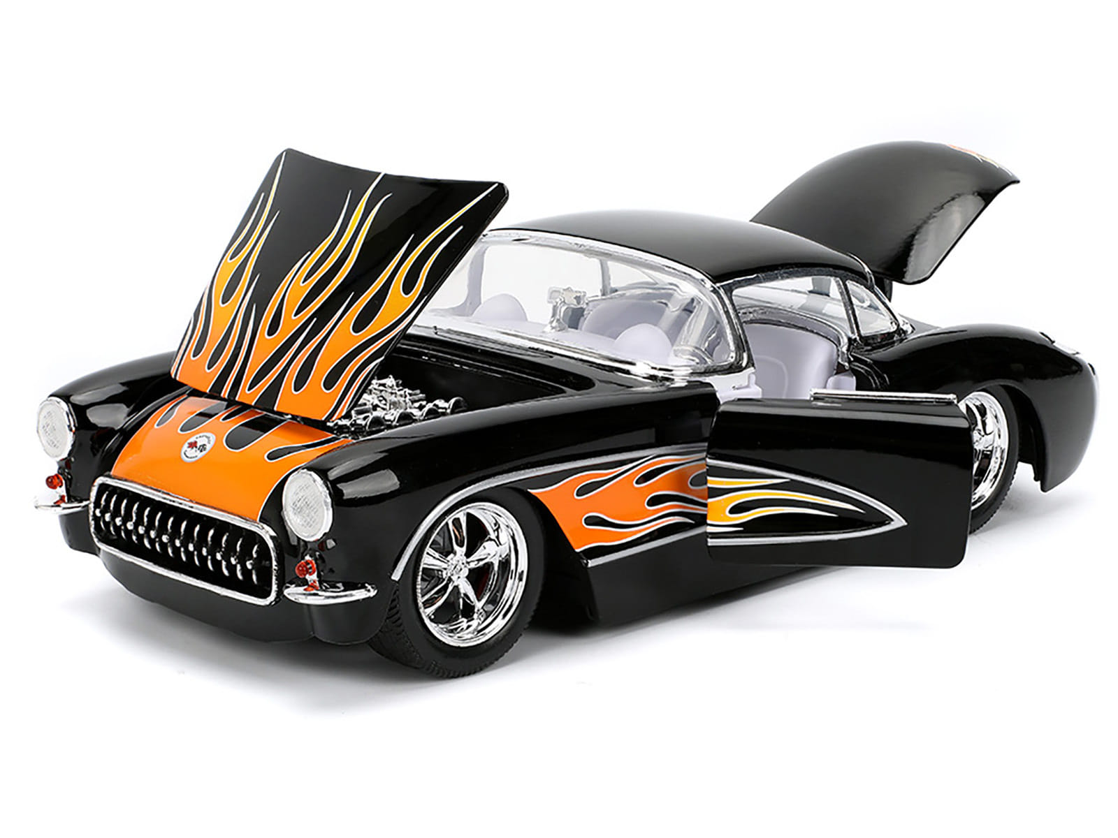 1957 Chevrolet Corvette Black with Flame Graphics and White Interior "Bigtime Muscle" Series 1/24 Diecast Model Car by Jada - Image 4