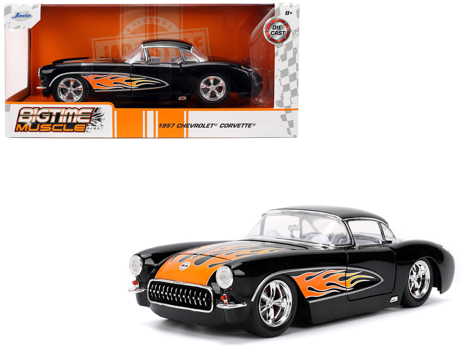 1957 Chevrolet Corvette Black with Flame Graphics and White Interior "Bigtime Muscle" Series 1/24 Diecast Model Car by Jada - Image 5