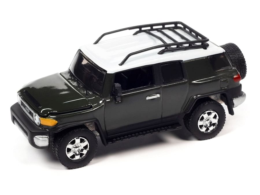 2010 Toyota FJ Cruiser Dark Green with White Top and Roof Rack with Camping Trailer Limited Edition to 7360 pieces Worldwide “Tow & Go” Series 1/64 Diecast Model Car by Johnny Lightning