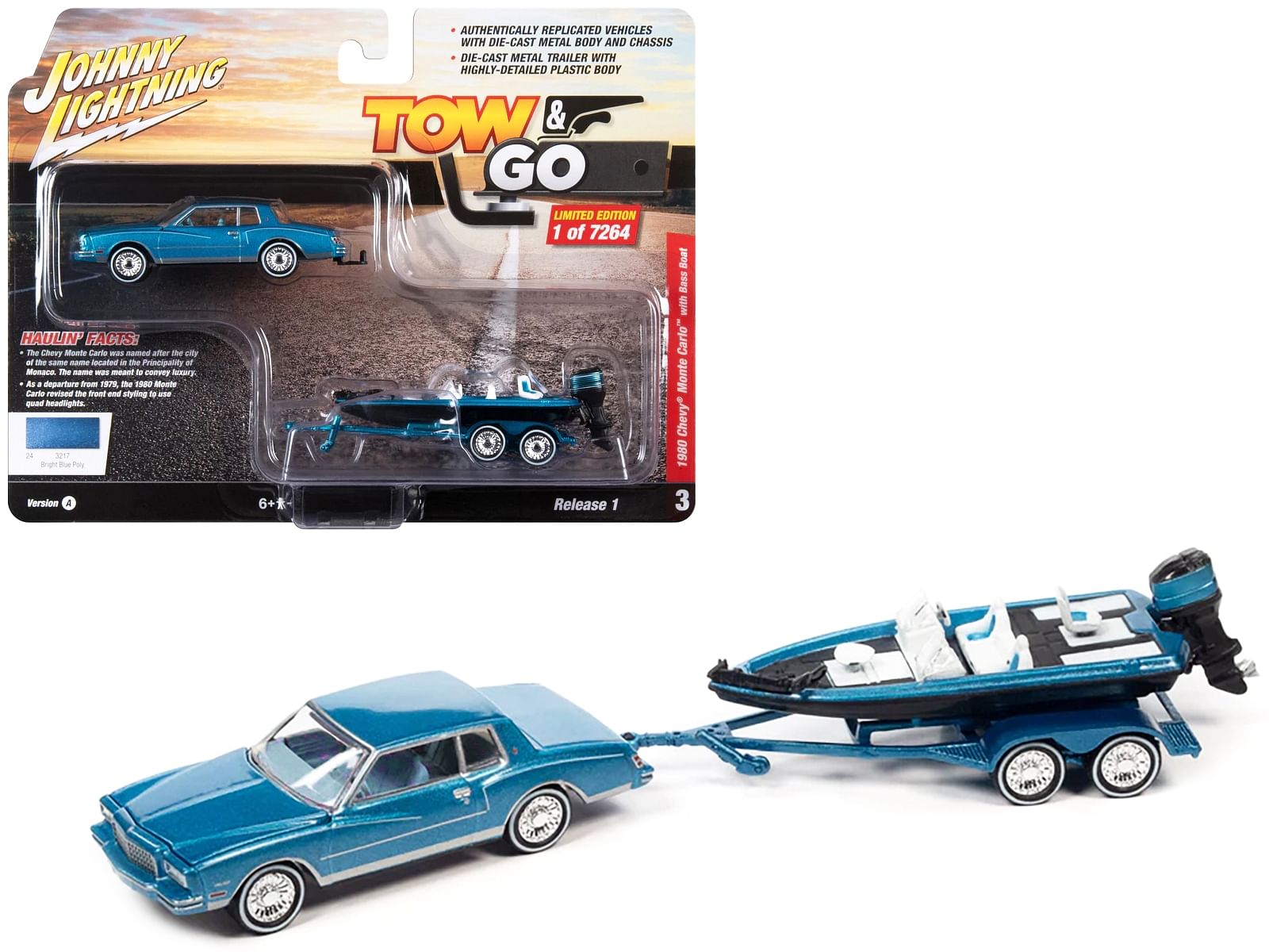 1980 Chevrolet Monte Carlo Bright Blue Metallic with Blue Interior with Bass Boat and Trailer Limited Edition to 7264 pieces Worldwide “Tow & Go” Series 1/64 Diecast Model Car by Johnny Lightning