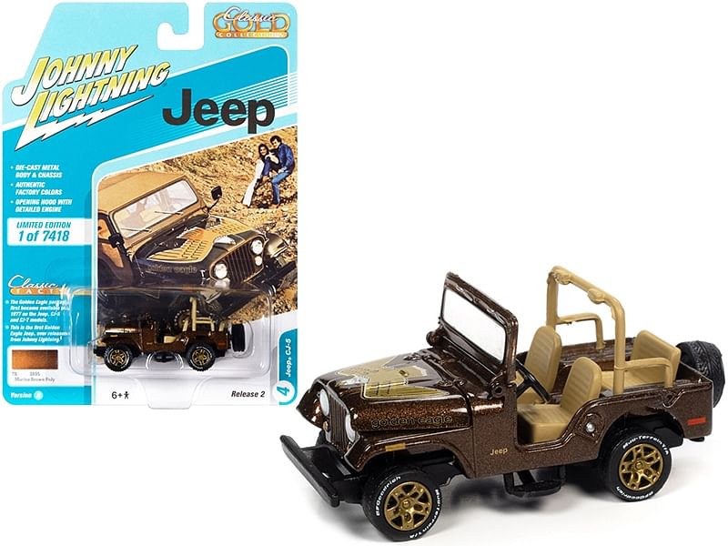 Jeep CJ-5 Mocha Brown Metallic with Golden Eagle Graphics “Classic Gold Collection” Series Limited Edition to 7418 pieces Worldwide 1/64 Diecast Model Car by Johnny Lightning