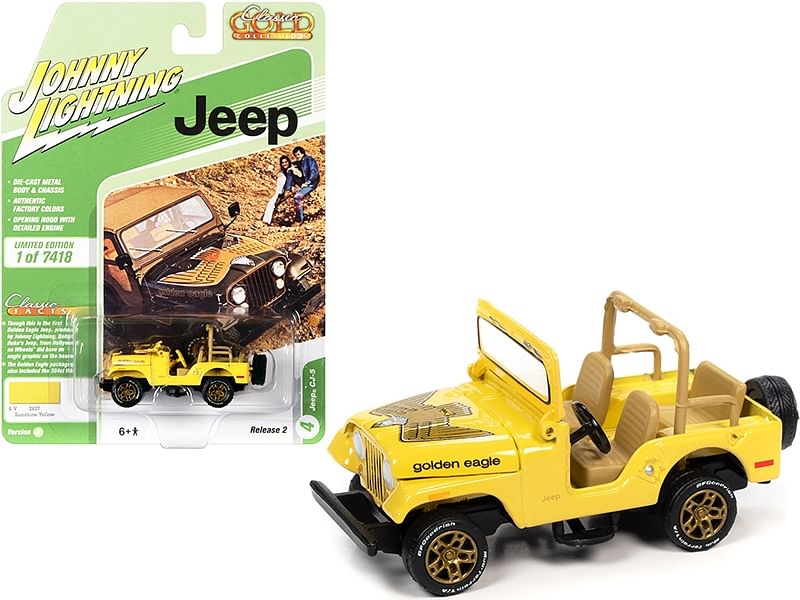 Jeep CJ-5 Sunshine Yellow with Golden Eagle Graphics “Classic Gold Collection” Limited Edition to 7418 pieces Worldwide 1/64 Diecast Model Car by Johnny Lightning