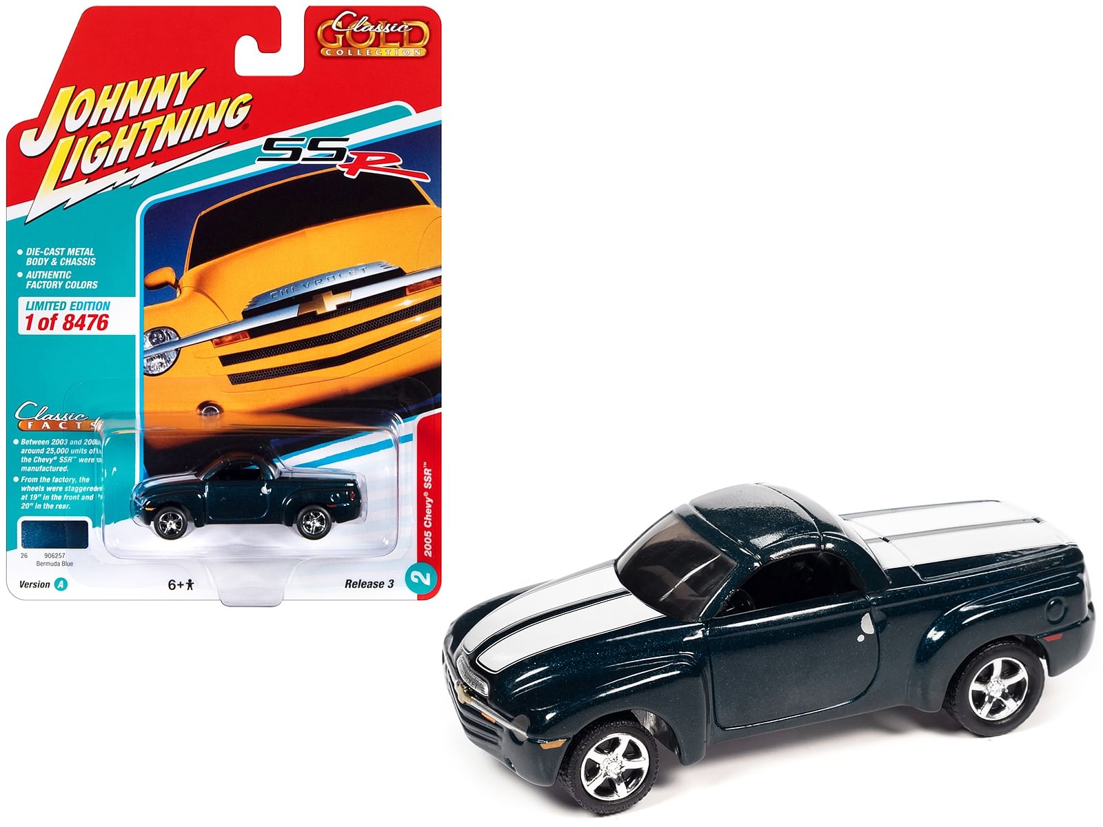 2005 Chevrolet SSR Pickup Truck Bermuda Blue Metallic with White Stripes “Classic Gold Collection” Series Limited Edition to 8476 pieces Worldwide 1/64 Diecast Model Car by Johnny Lightning