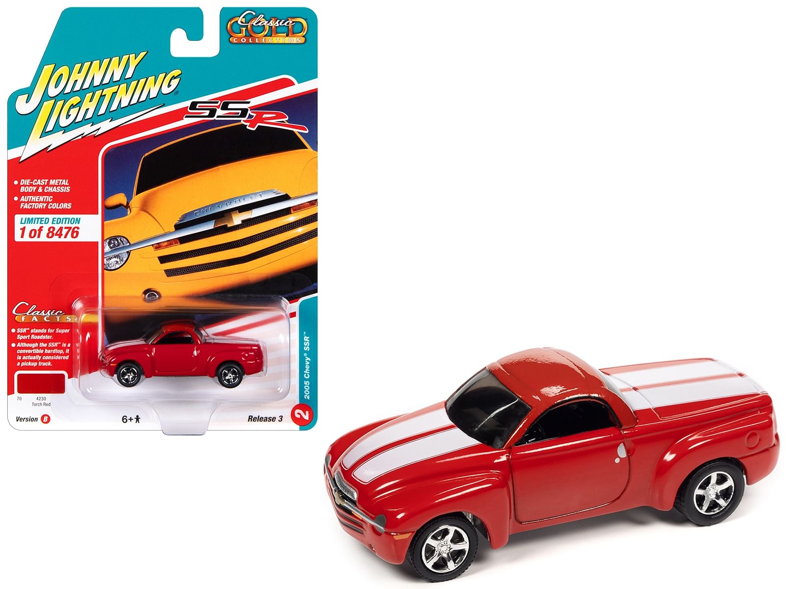 2005 Chevrolet SSR Pickup Truck Torch Red with White Stripes “Classic Gold Collection” Series Limited Edition to 8476 pieces Worldwide 1/64 Diecast Model Car by Johnny Lightning