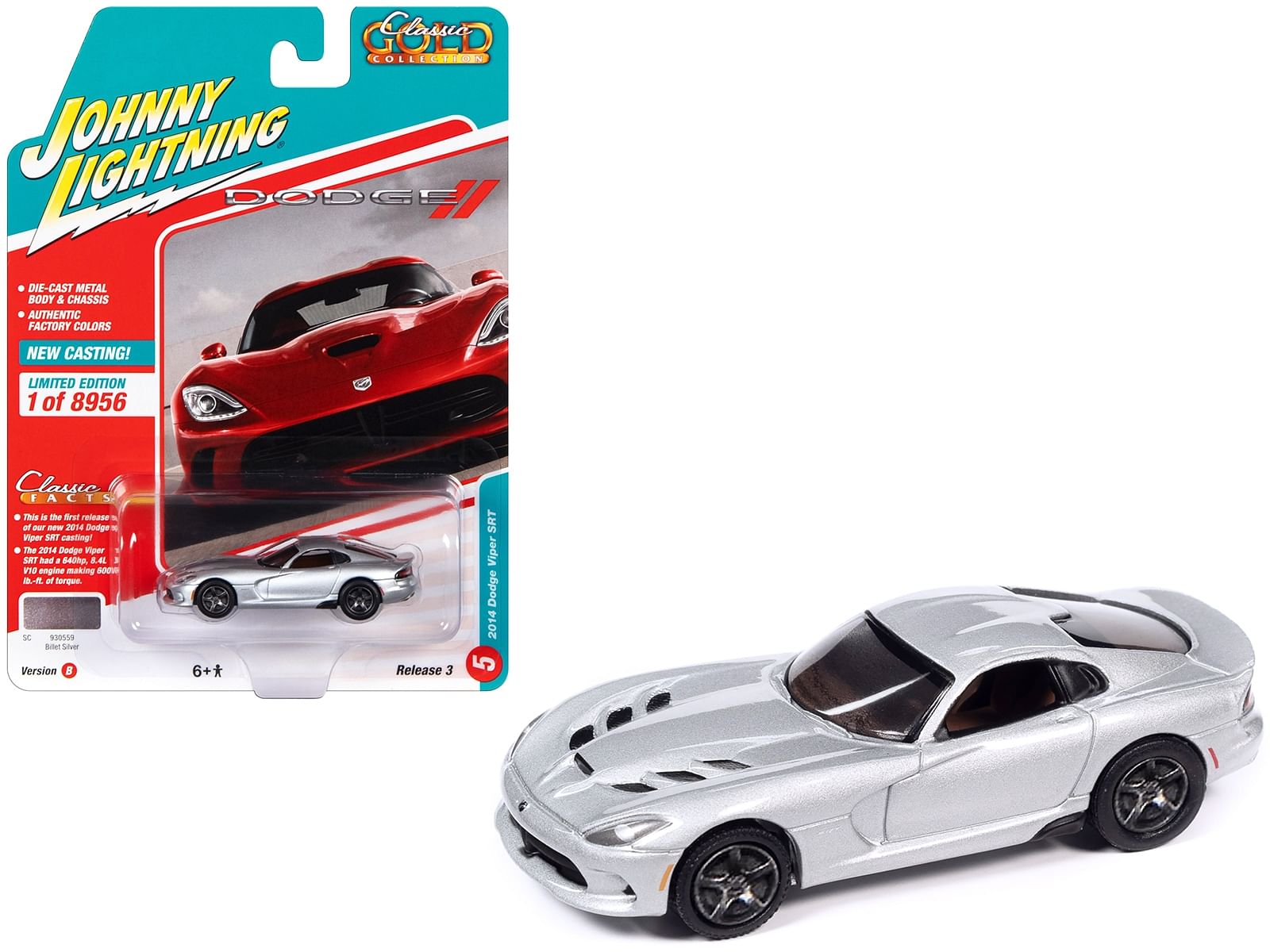 2014 Dodge Viper SRT Billet Silver Metallic “Classic Gold Collection” Series Limited Edition to 8956 pieces Worldwide 1/64 Diecast Model Car by Johnny Lightning