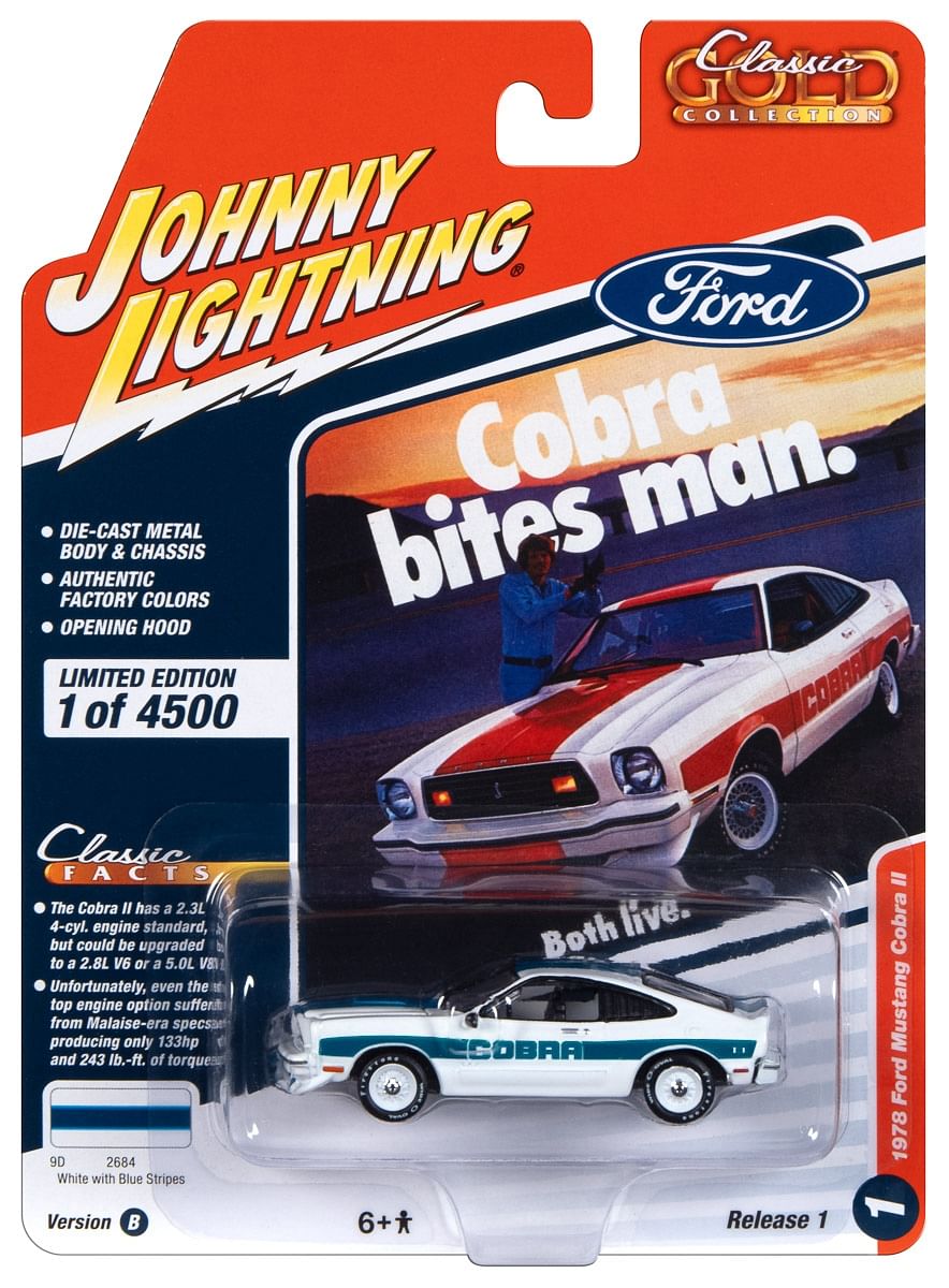 1978 Ford Mustang Cobra II White with Blue Stripes “Classic Gold Collection” 2023 Release 1 Limited Edition to 4500 pieces Worldwide 1/64 Diecast Model Car by Johnny Lightning