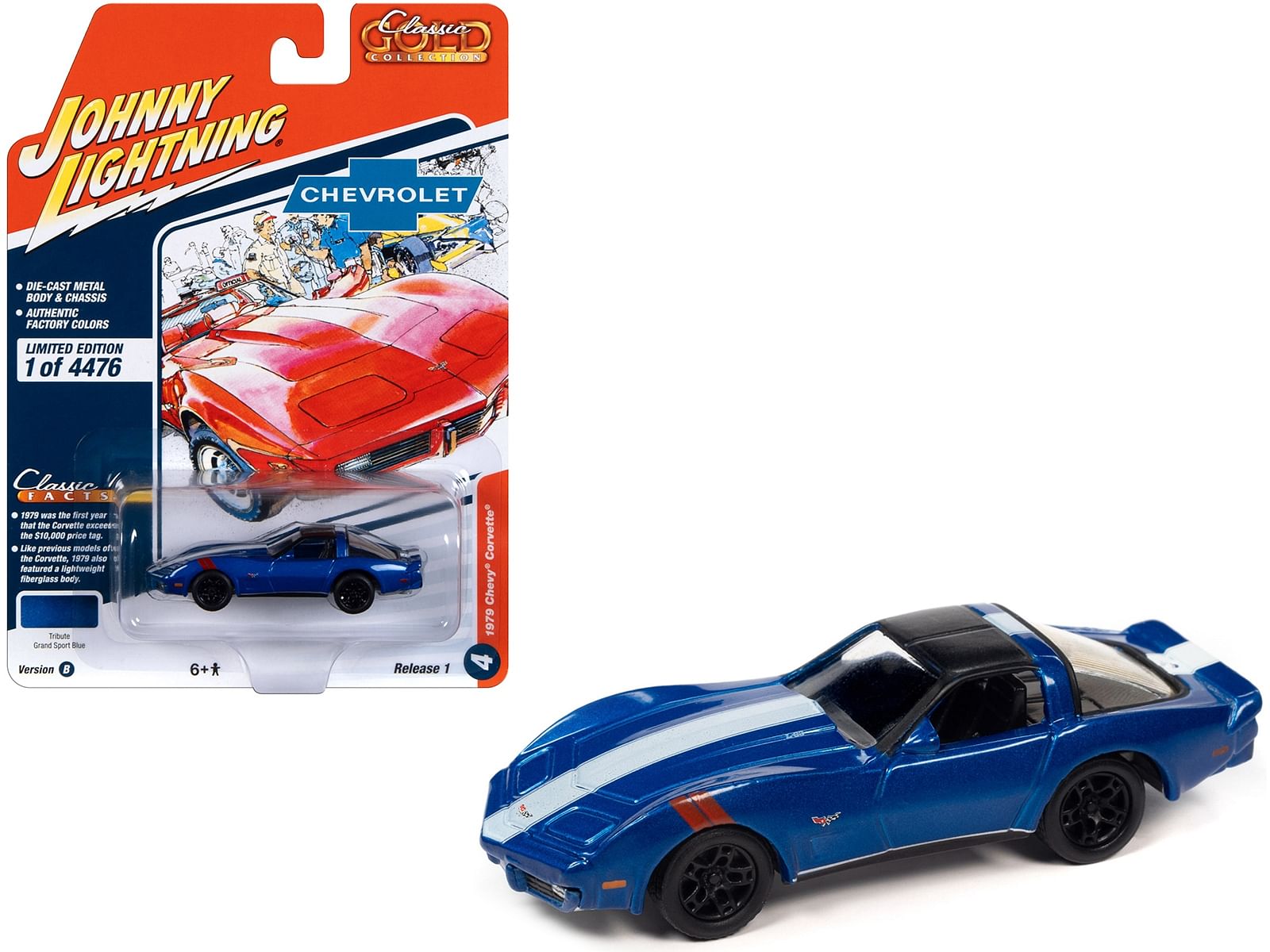 1979 Chevrolet Corvette Grand Sport Blue Metallic with White Stripes and Black Top “Classic Gold Collection” 2023 Release 1 Limited Edition to 4476 pieces Worldwide 1/64 Diecast Model Car by Johnny Lightning