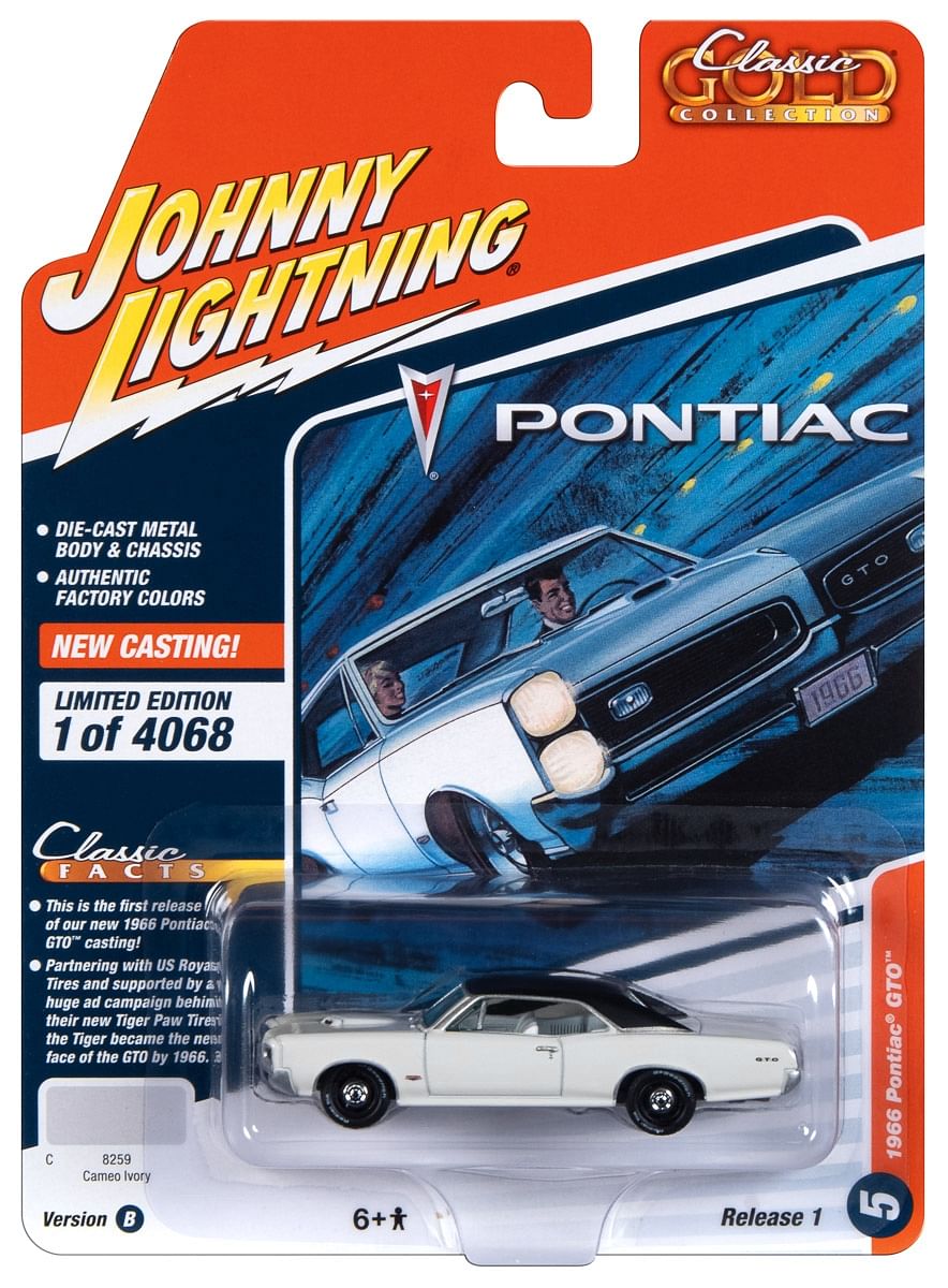 1966 Pontiac GTO Cameo Ivory with Black Top and White Interior “Classic Gold Collection” 2023 Release 1 Limited Edition to 4068 pieces Worldwide 1/64 Diecast Model Car by Johnny Lightning