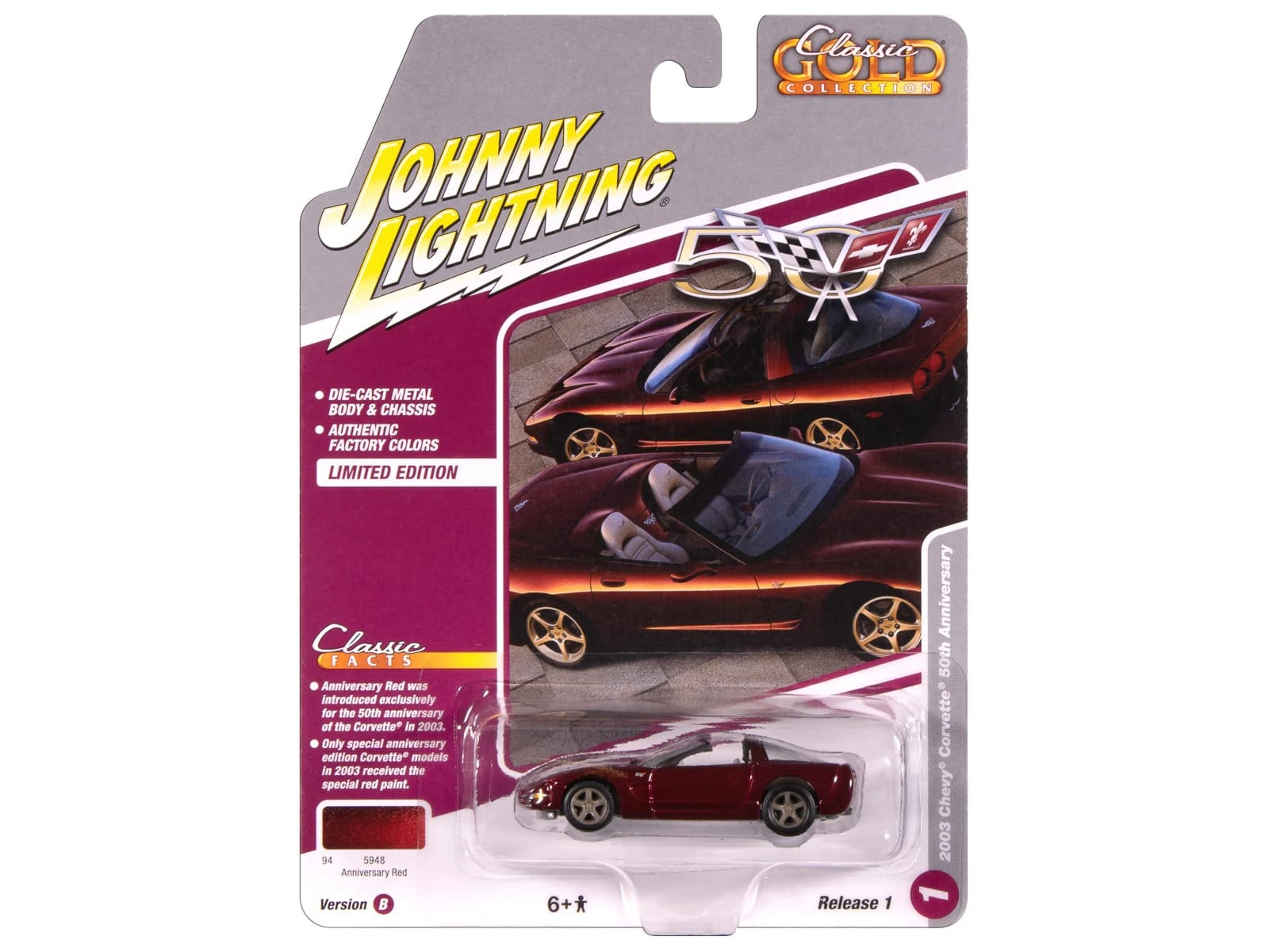 2003 Chevrolet Corvette Convertible "50th Anniversary" Anniversary Red Metallic "Classic Gold Collection" 1/64 Diecast Model Car by Johnny Lightning - Image 3
