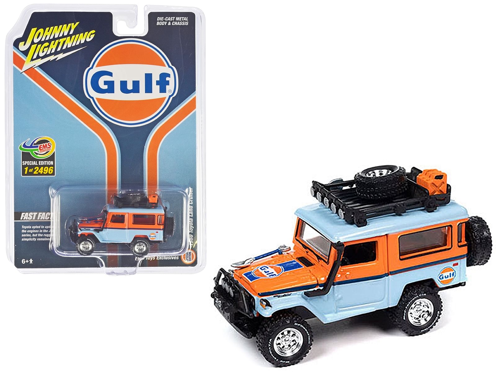 1980 Toyota Land Cruiser Light Blue and Orange “Gulf Oil” with Roof Rack Limited Edition to 2496 pieces Worldwide 1/64 Diecast Model Car by Johnny Lightning