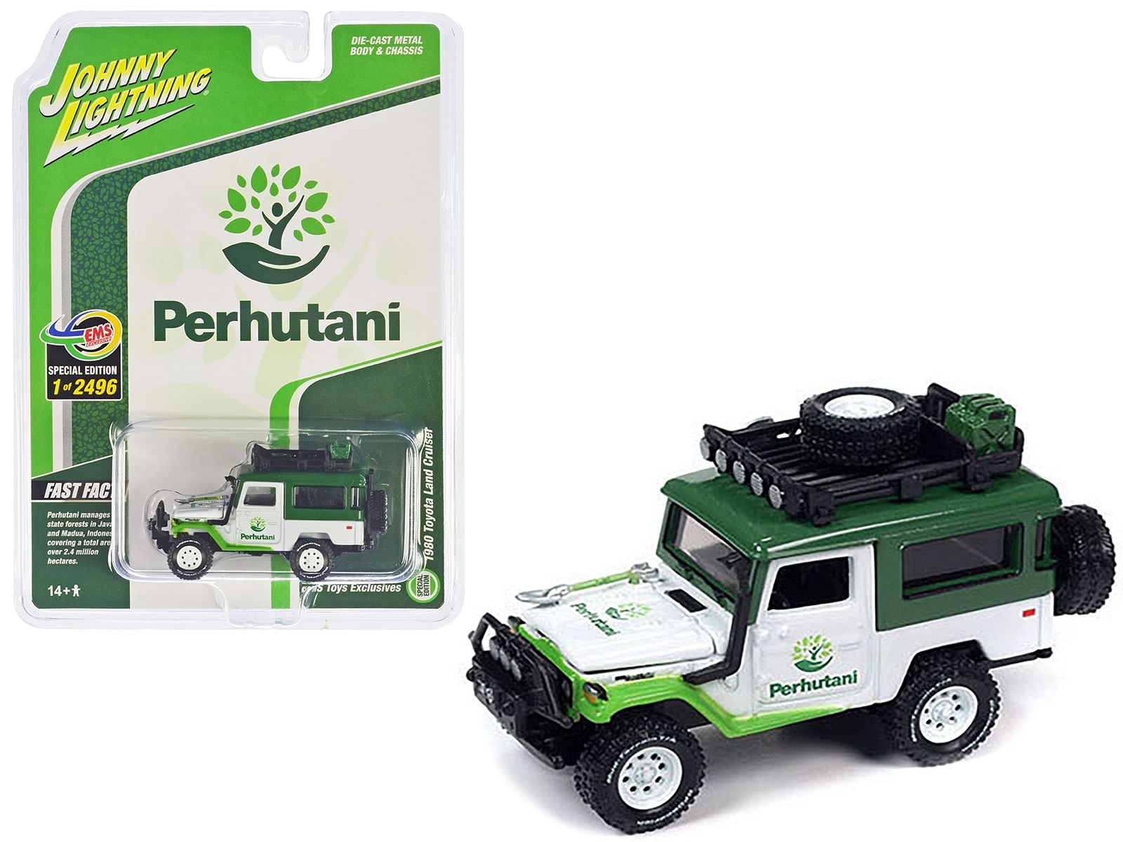 1980 Toyota Land Cruiser White and Green “Perhutani” with Roof Rack Limited Edition to 2496 pieces Worldwide 1/64 Diecast Model Car by Johnny Lightning