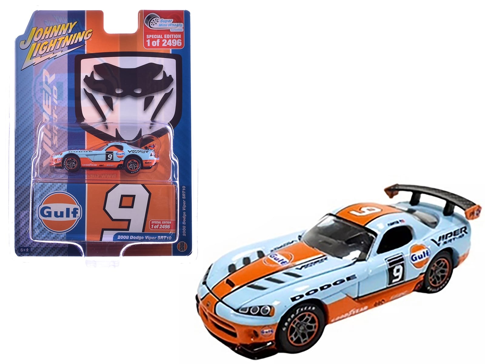 2008 Dodge Viper SRT10 #9 "Gulf Oil" Light Blue and Orange Limited Edition to 2496 pieces Worldwide 1/64 Diecast Model Car by Johnny Lightning - Image 2