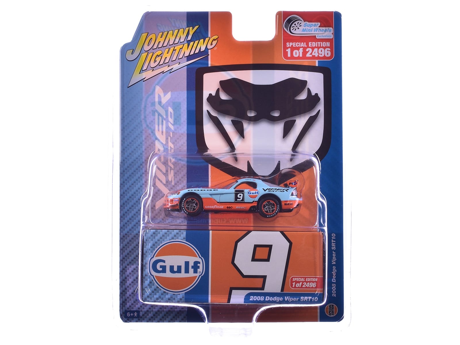 2008 Dodge Viper SRT10 #9 "Gulf Oil" Light Blue and Orange Limited Edition to 2496 pieces Worldwide 1/64 Diecast Model Car by Johnny Lightning - Image 3