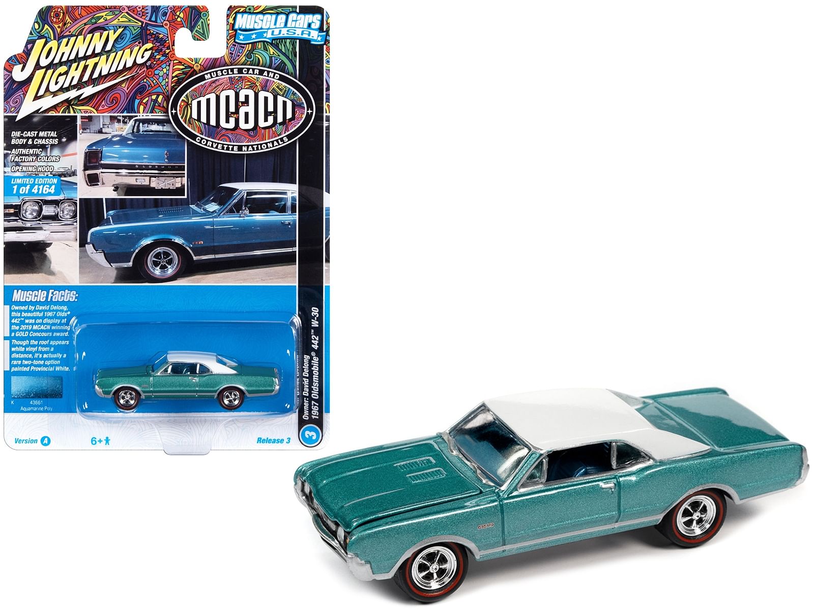 1967 Oldsmobile 442 W-30 Aquamarine Metallic with White Top “MCACN (Muscle Car and Corvette Nationals)” Limited Edition to 4164 pieces Worldwide “Muscle Cars USA” Series 1/64 Diecast Model Car by Johnny Lightning