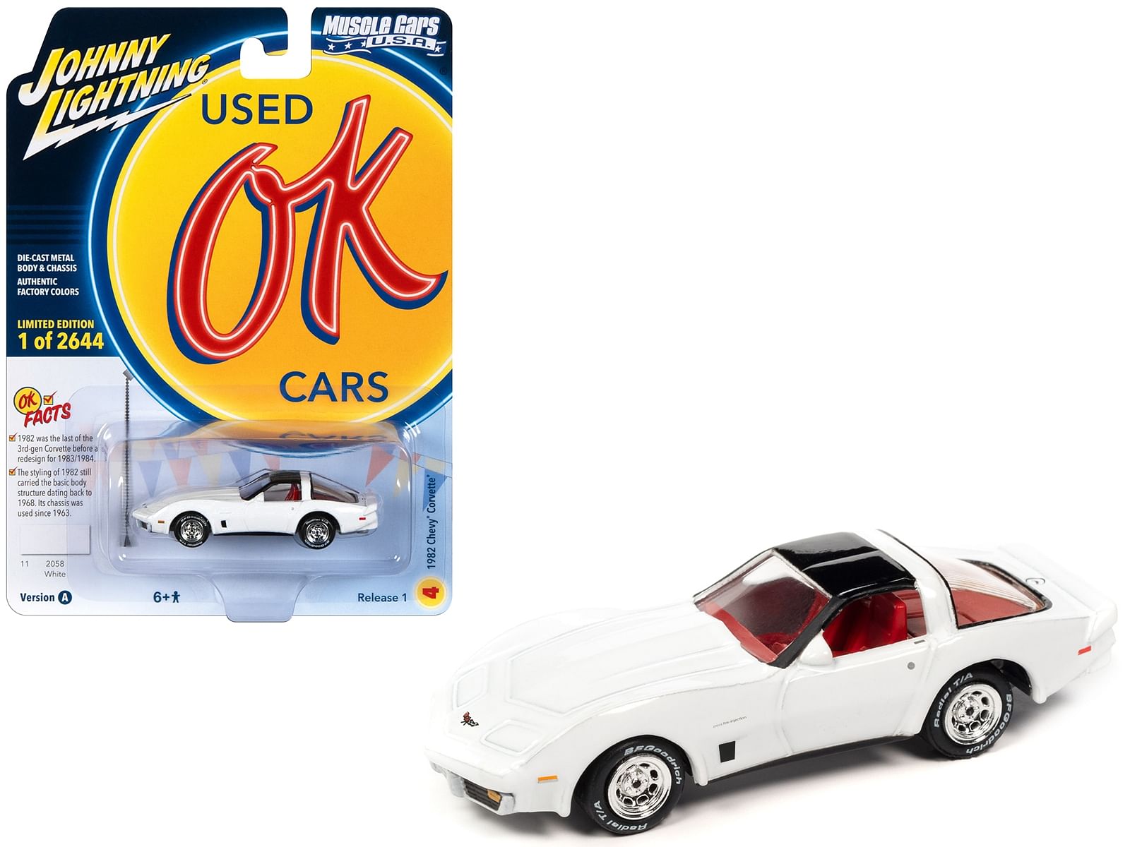 1982 Chevrolet Corvette White with Black Top and Red Interior Limited Edition to 2644 pieces Worldwide “OK Used Cars” 2023 Series 1/64 Diecast Model Car by Johnny Lightning