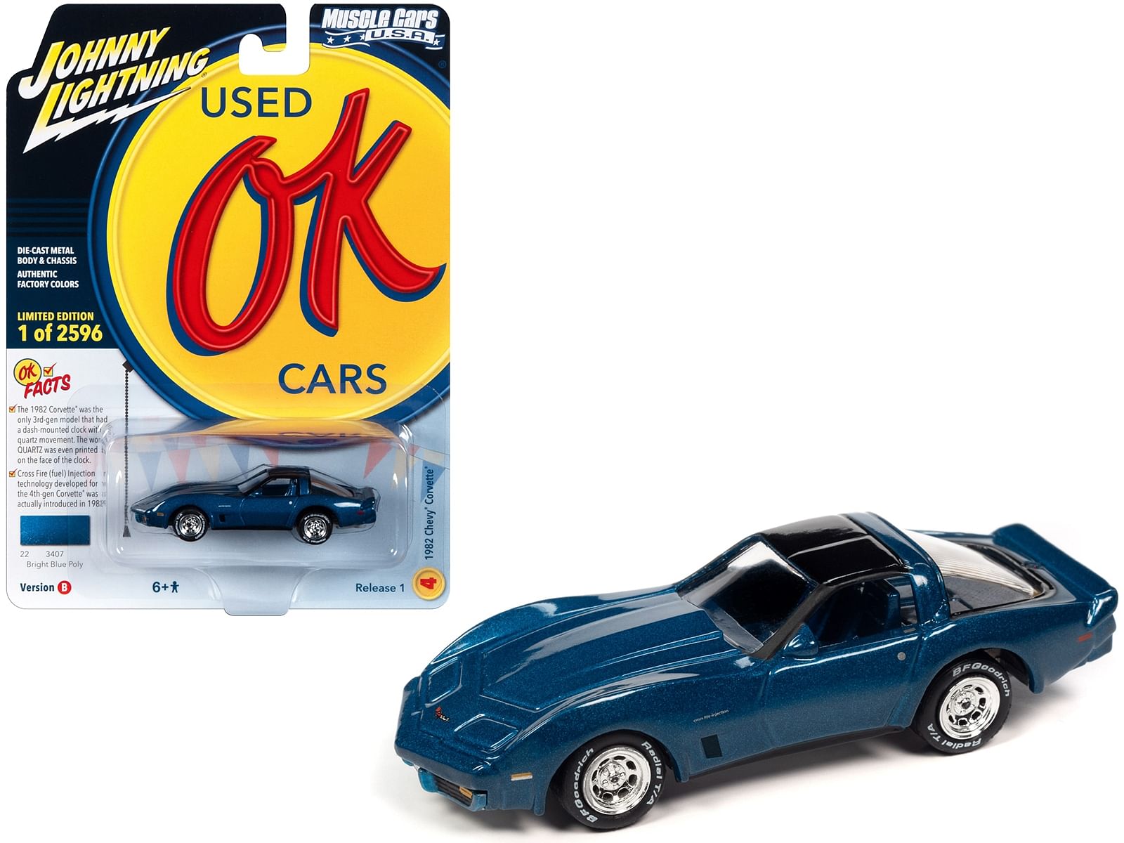 1982 Chevrolet Corvette Bright Blue Metallic with Black Top and Blue Interior Limited Edition to 2596 pieces Worldwide “OK Used Cars” 2023 Series 1/64 Diecast Model Car by Johnny Lightning