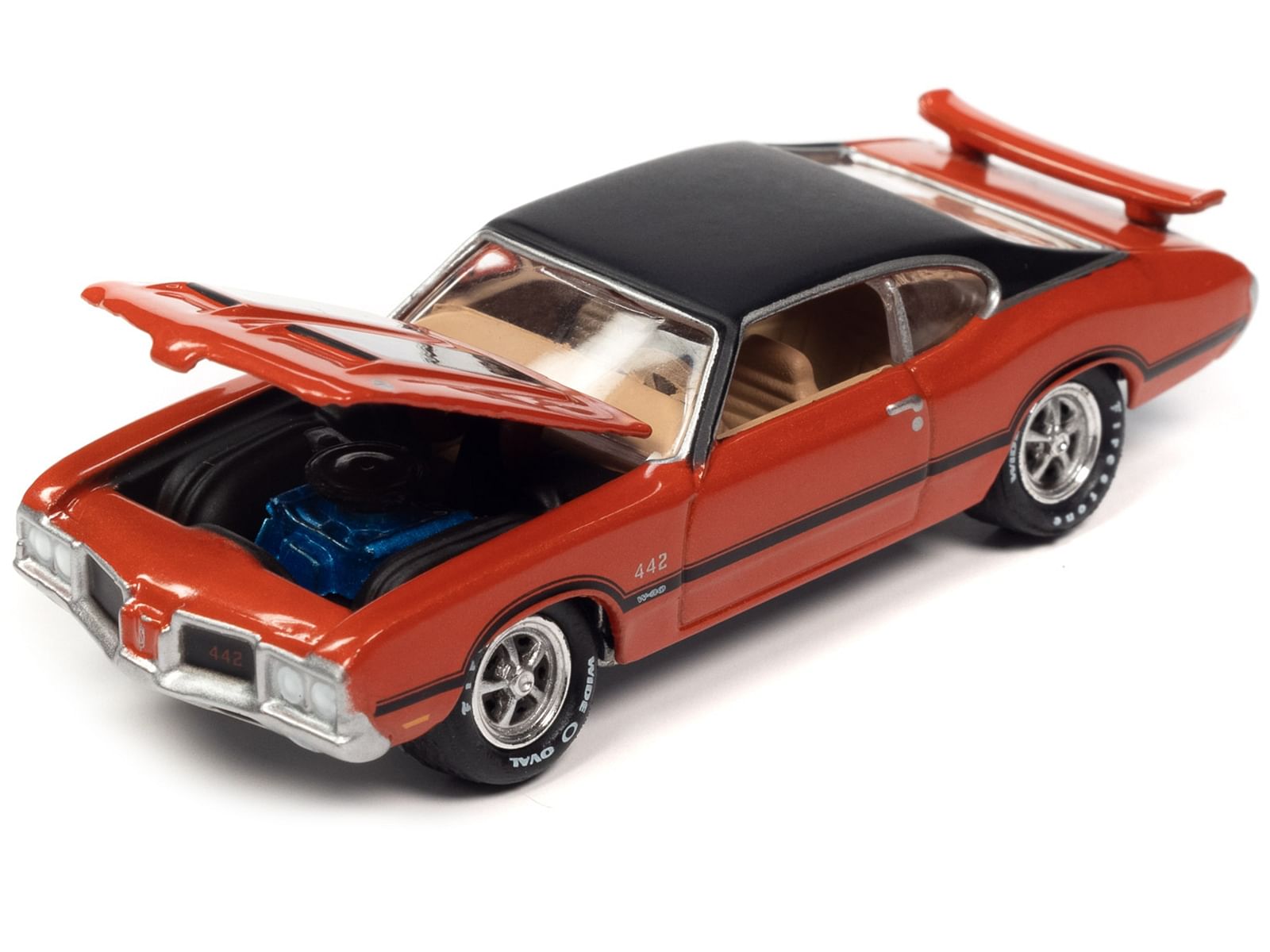 1972 Oldsmobile 442 W-30 Flame Orange Metallic with Matt Black Top and Stripes Limited Edition to 2620 pieces Worldwide “OK Used Cars” 2023 Series 1/64 Diecast Model Car by Johnny Lightning